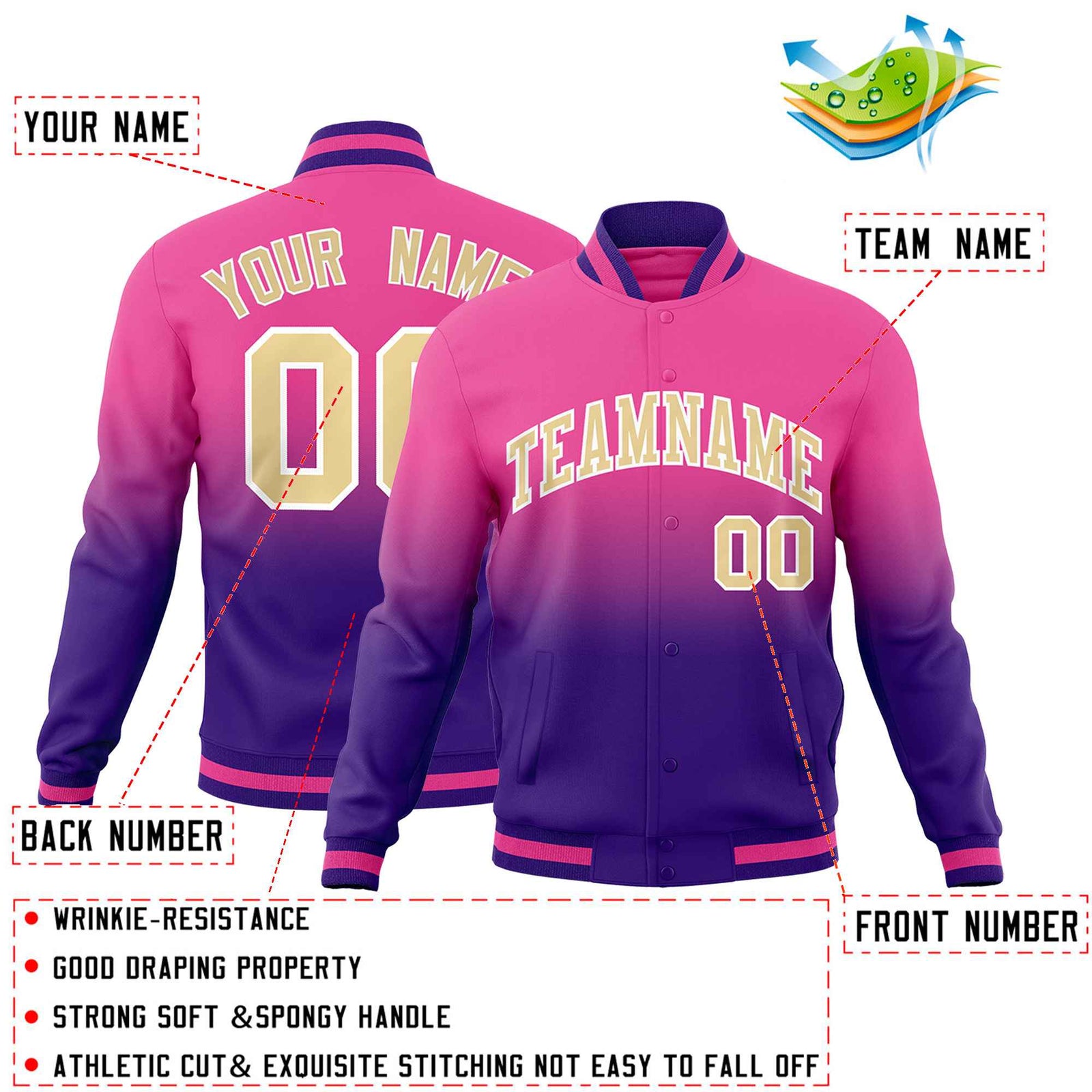 Custom Pink Purple Full-Snap Varsity Personalization Gradient Fashion Letterman Jacket