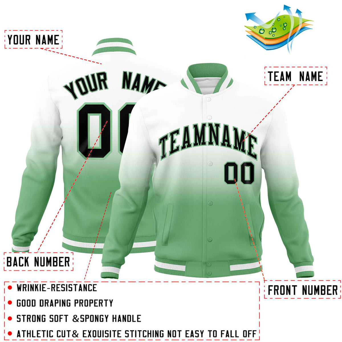 Custom White Green Full-Snap Varsity Personalization Gradient Fashion Letterman Jacket
