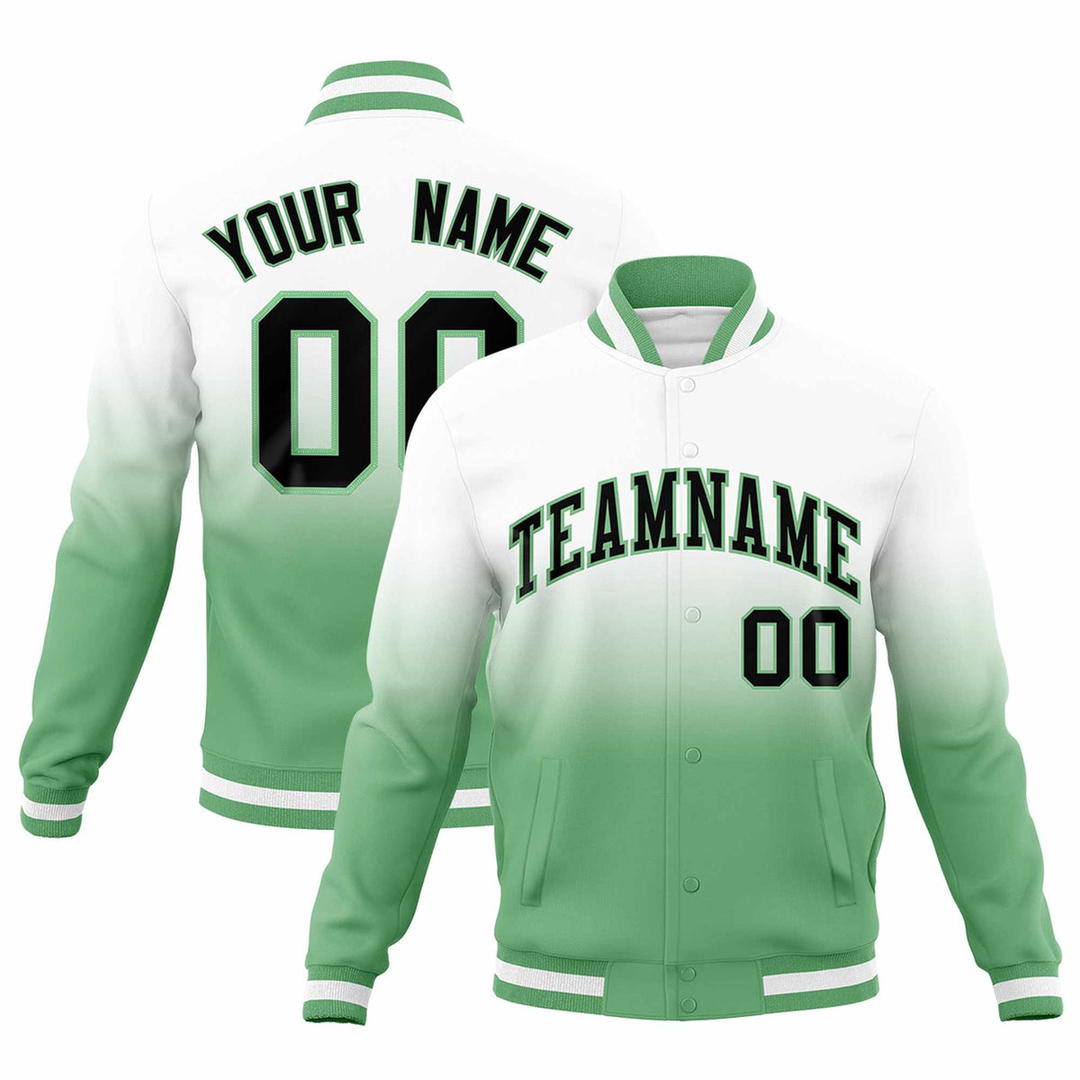 Custom White Green Full-Snap Varsity Personalization Gradient Fashion Letterman Jacket
