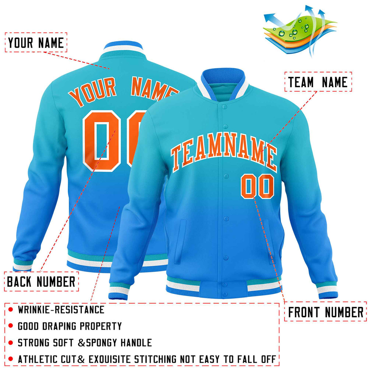 Custom Sky Blue Powder Blue Full-Snap Varsity Personalization Gradient Fashion Letterman Jacket