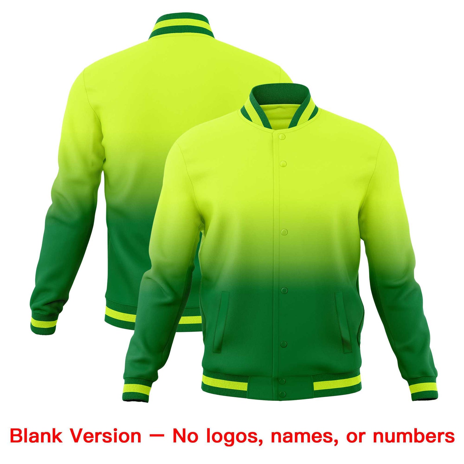 Custom Neon Green Kelly Green Full-Snap Varsity Personalization Gradient Fashion Letterman Jacket