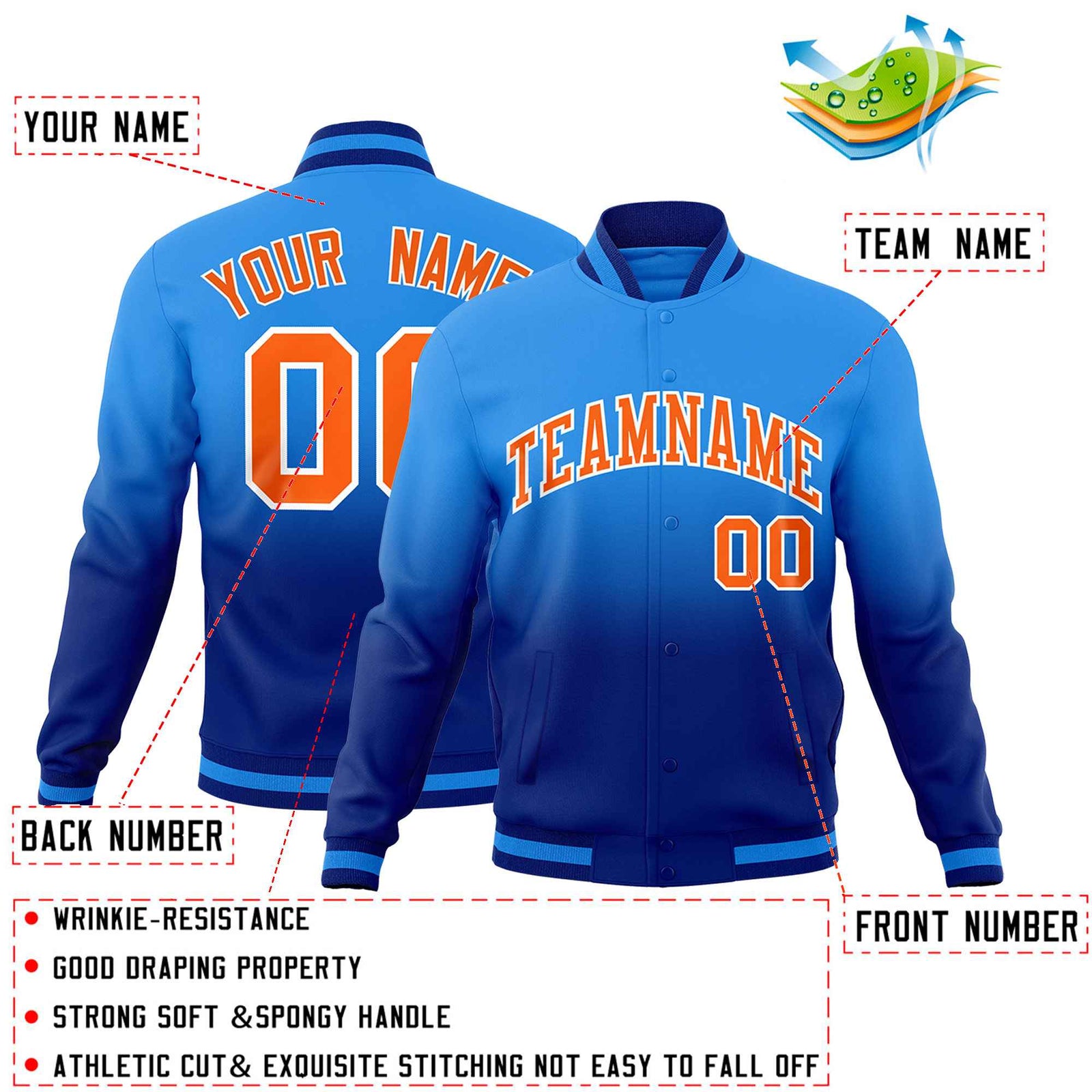 Custom Powder Blue Royal Full-Snap Varsity Personalization Gradient Fashion Letterman Jacket