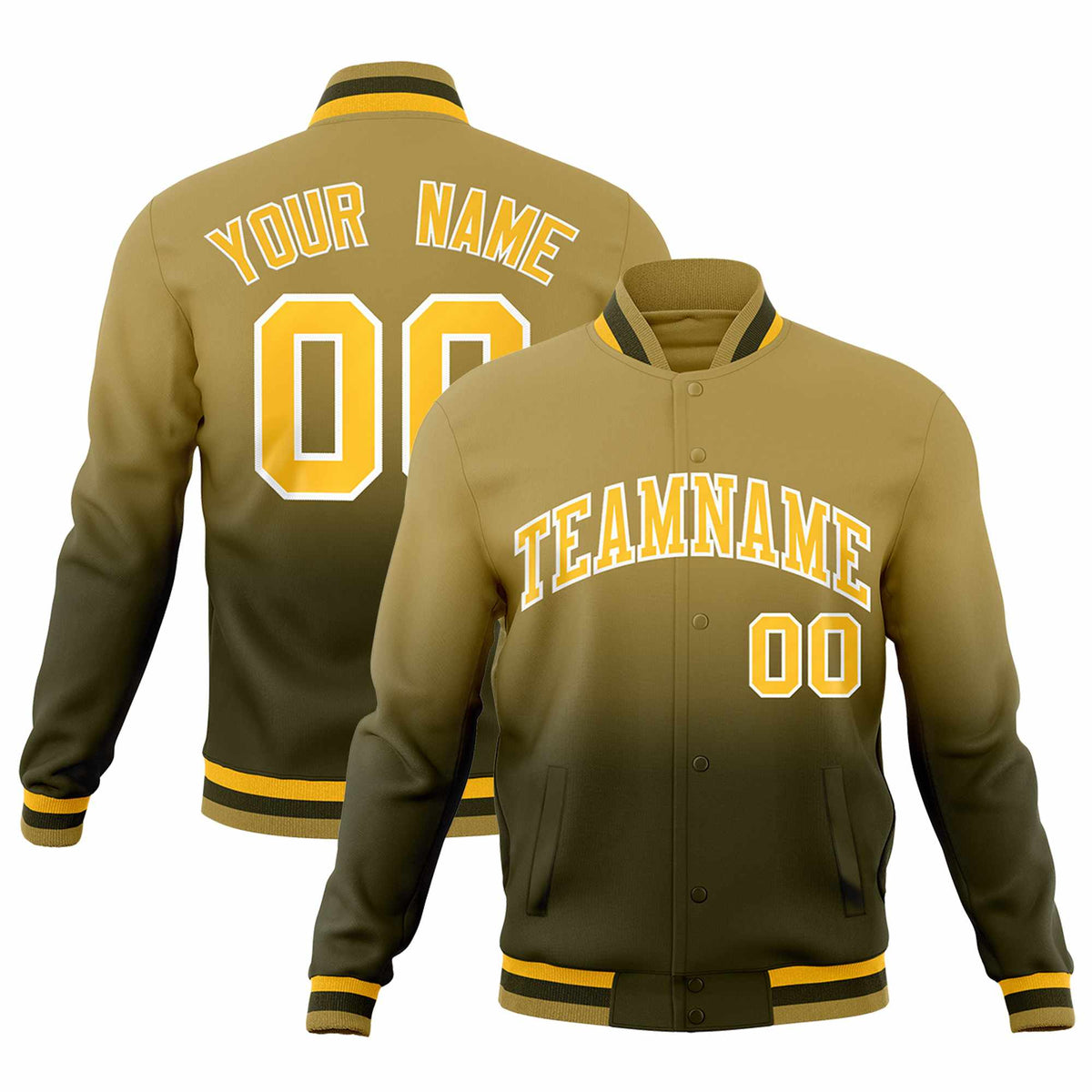 Custom Olive Desert Yellow Full-Snap Varsity Personalization Gradient Fashion Letterman Jacket