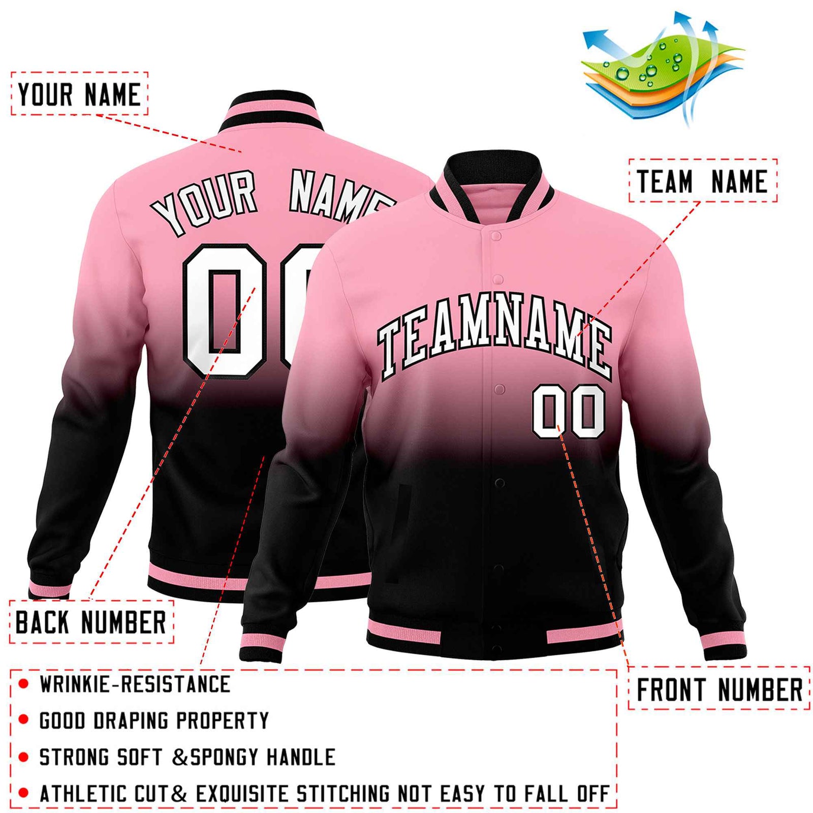 Custom Light Pink Black Full-Snap Varsity Personalization Gradient Fashion Letterman Jacket
