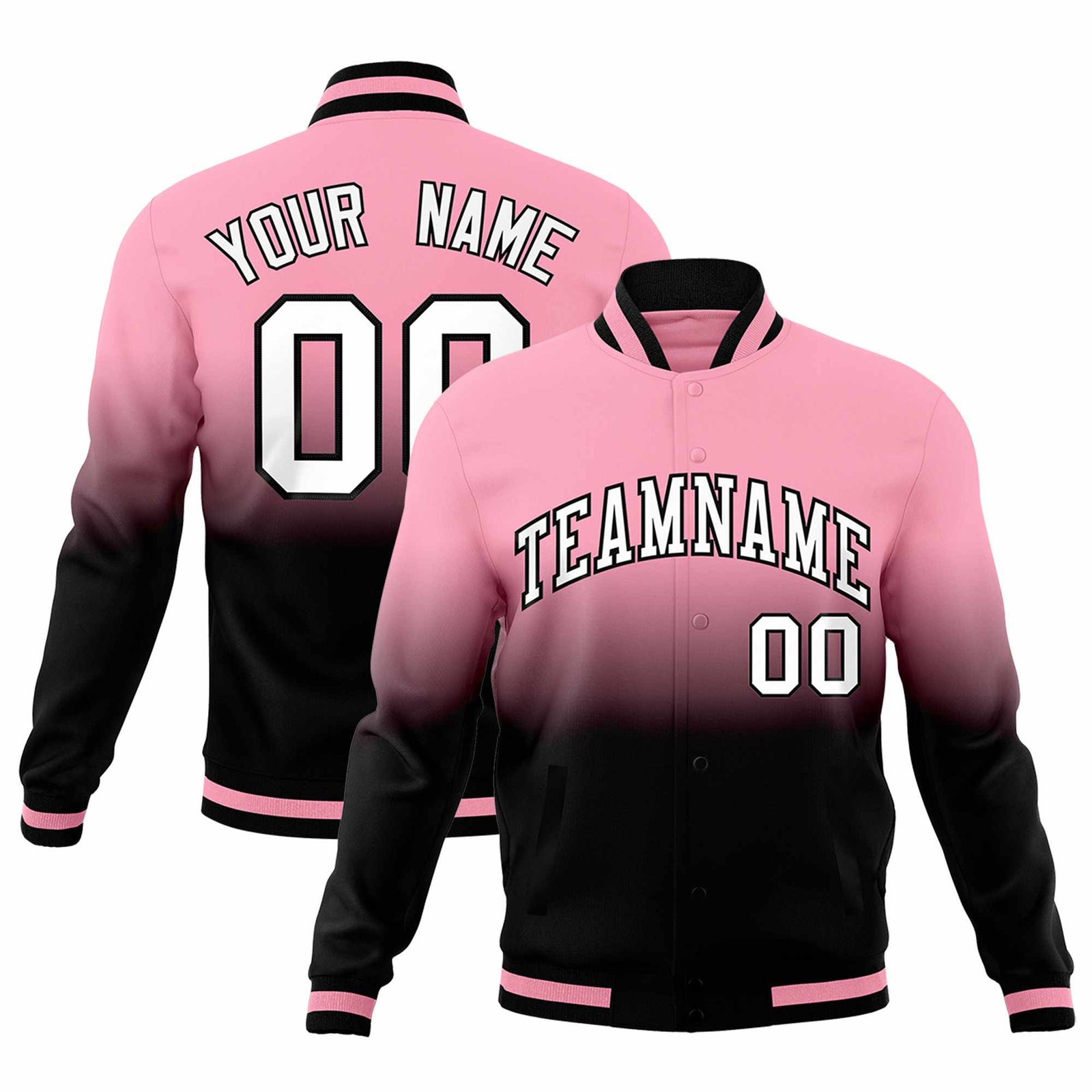 Custom Light Pink Black Full-Snap Varsity Personalization Gradient Fashion Letterman Jacket