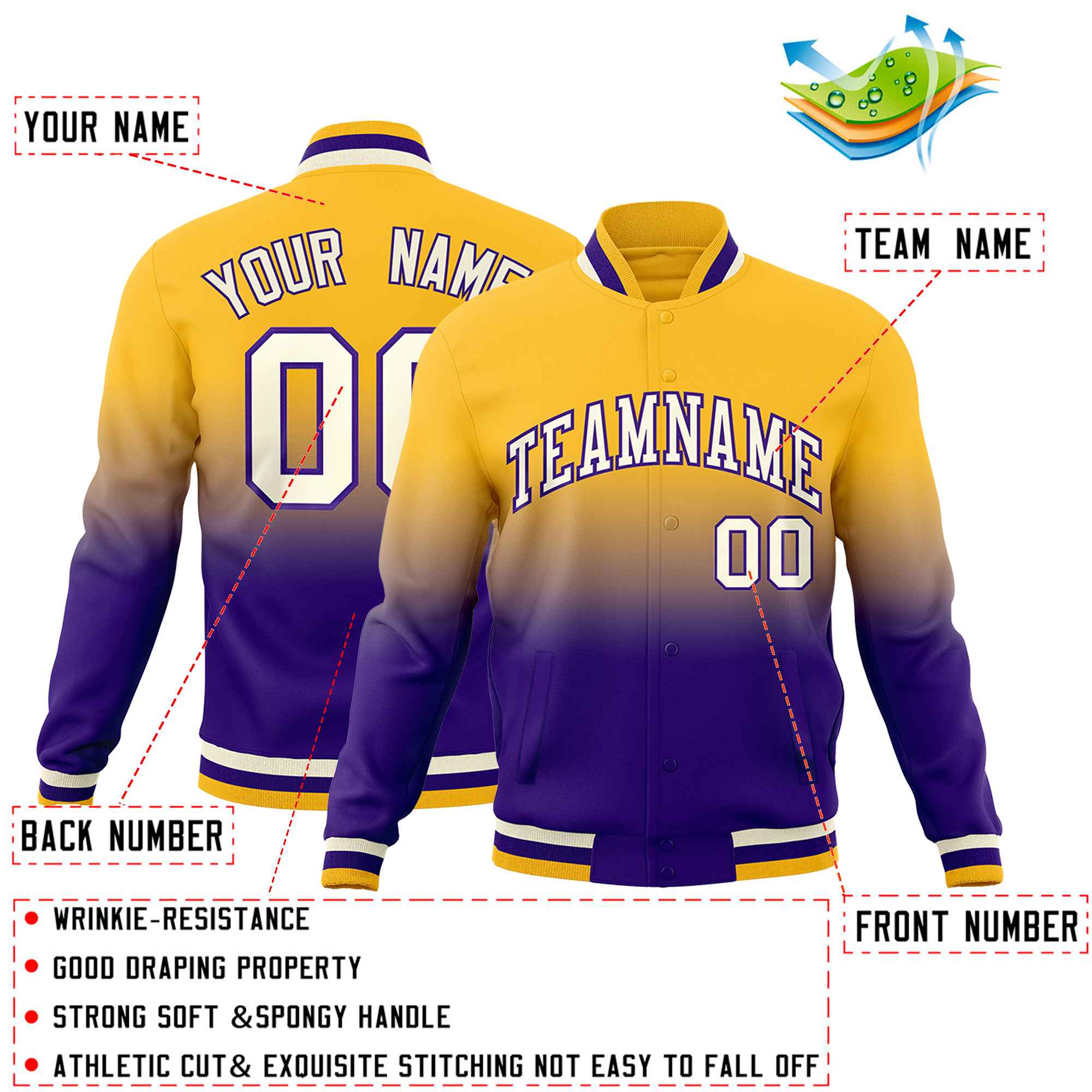 Custom Purple Gold Full-Snap Varsity Personalization Gradient Fashion Letterman Jacket