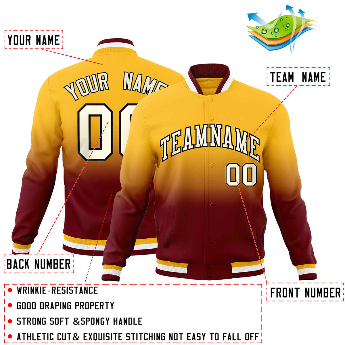 Custom Gold Crimson Full-Snap Varsity Personalization Gradient Fashion Letterman Jacket