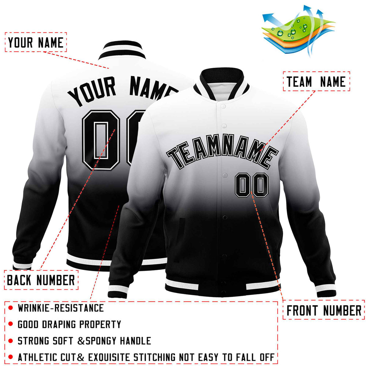 Custom Black White Full-Snap Varsity Personalization Gradient Fashion Letterman Jacket