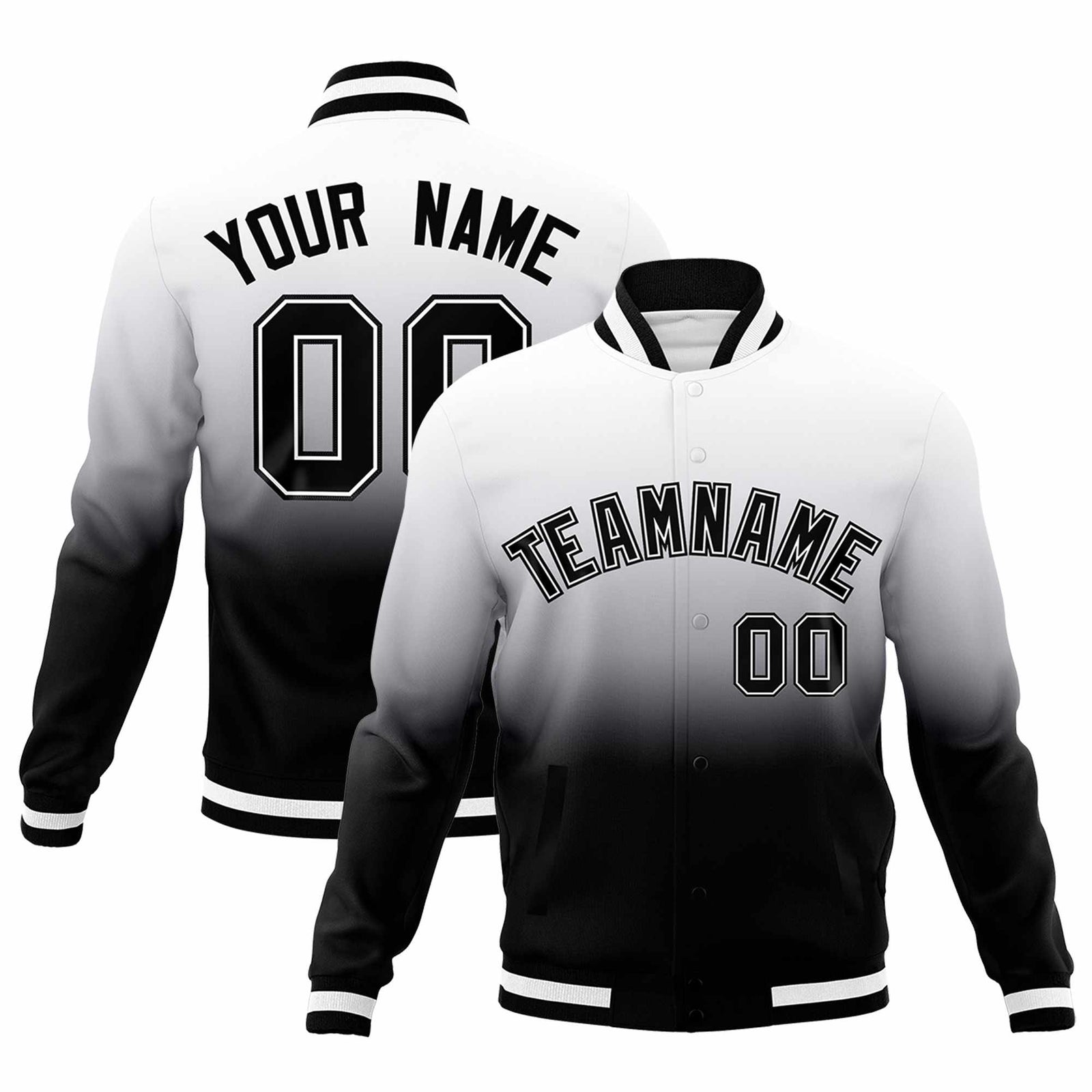 Custom Black White Full-Snap Varsity Personalization Gradient Fashion Letterman Jacket
