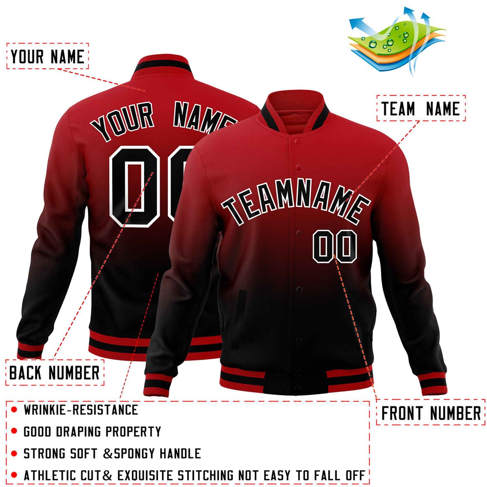 Custom Red Black Full-Snap Varsity Personalization Gradient Fashion Letterman Jacket