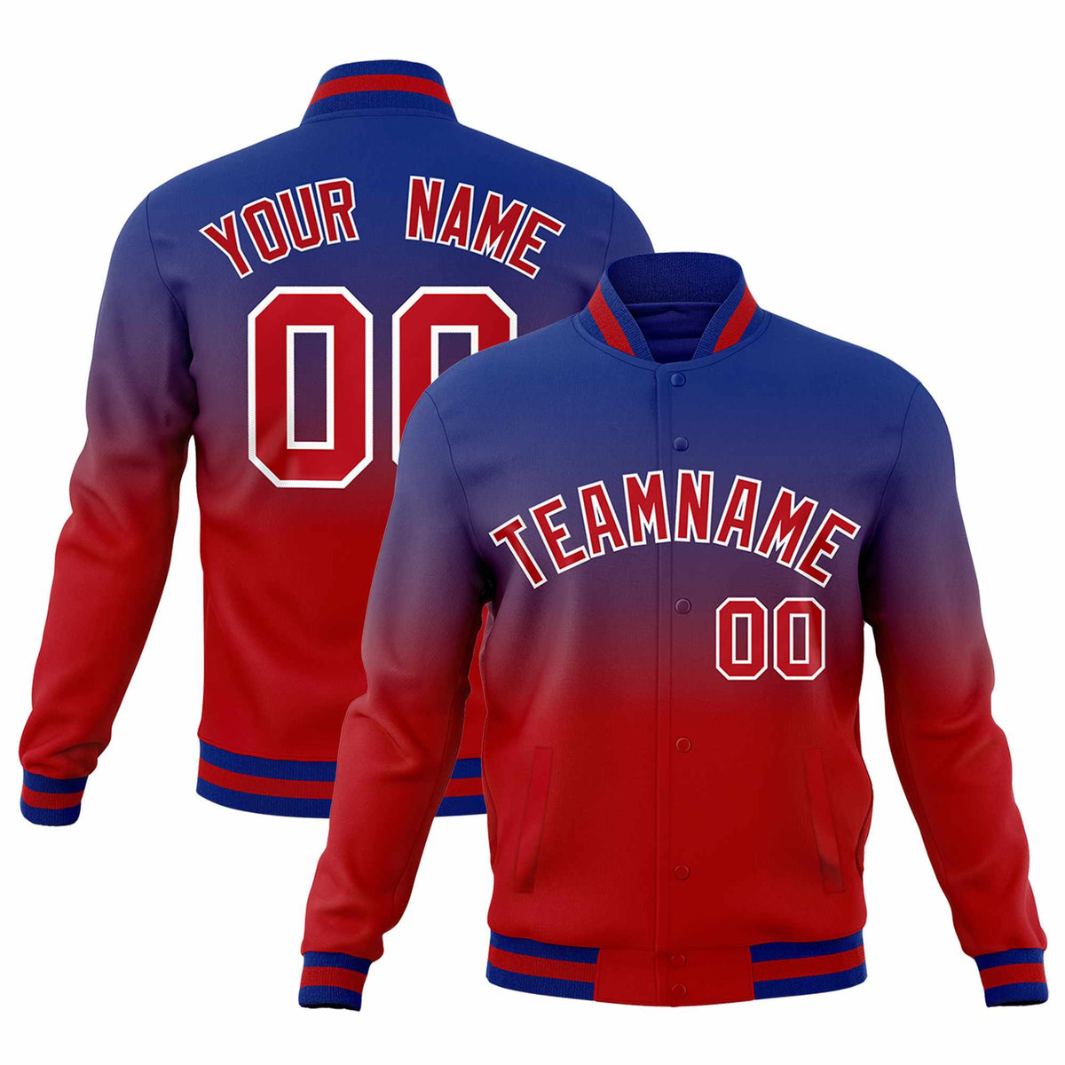 Custom Royal Red Full-Snap Varsity Personalization Gradient Fashion Letterman Jacket