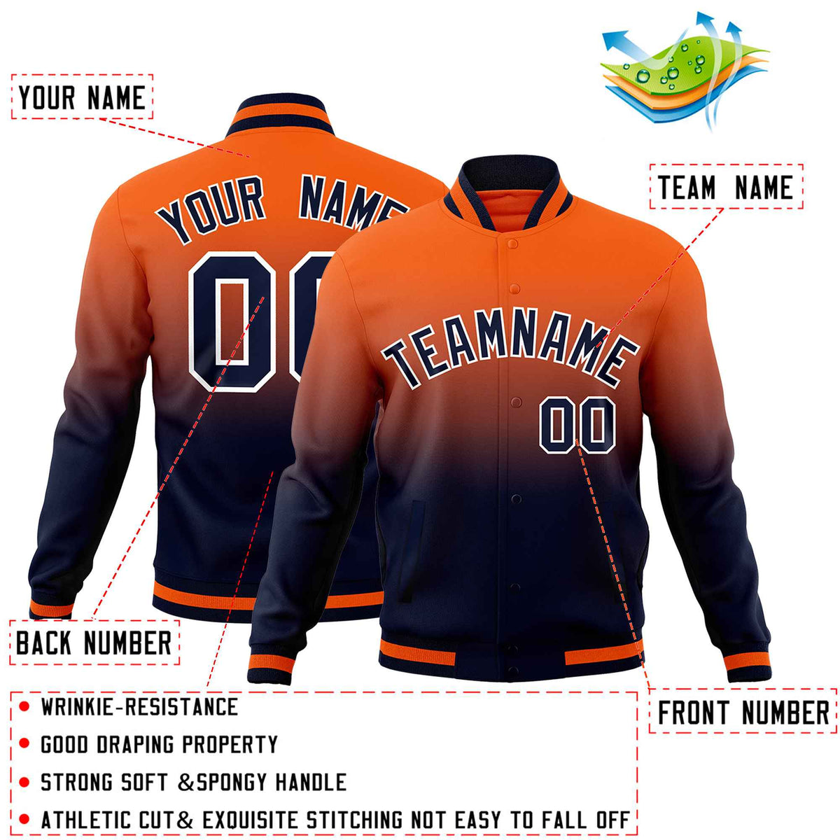 Custom Navy Orange Full-Snap Varsity Personalization Gradient Fashion Letterman Jacket