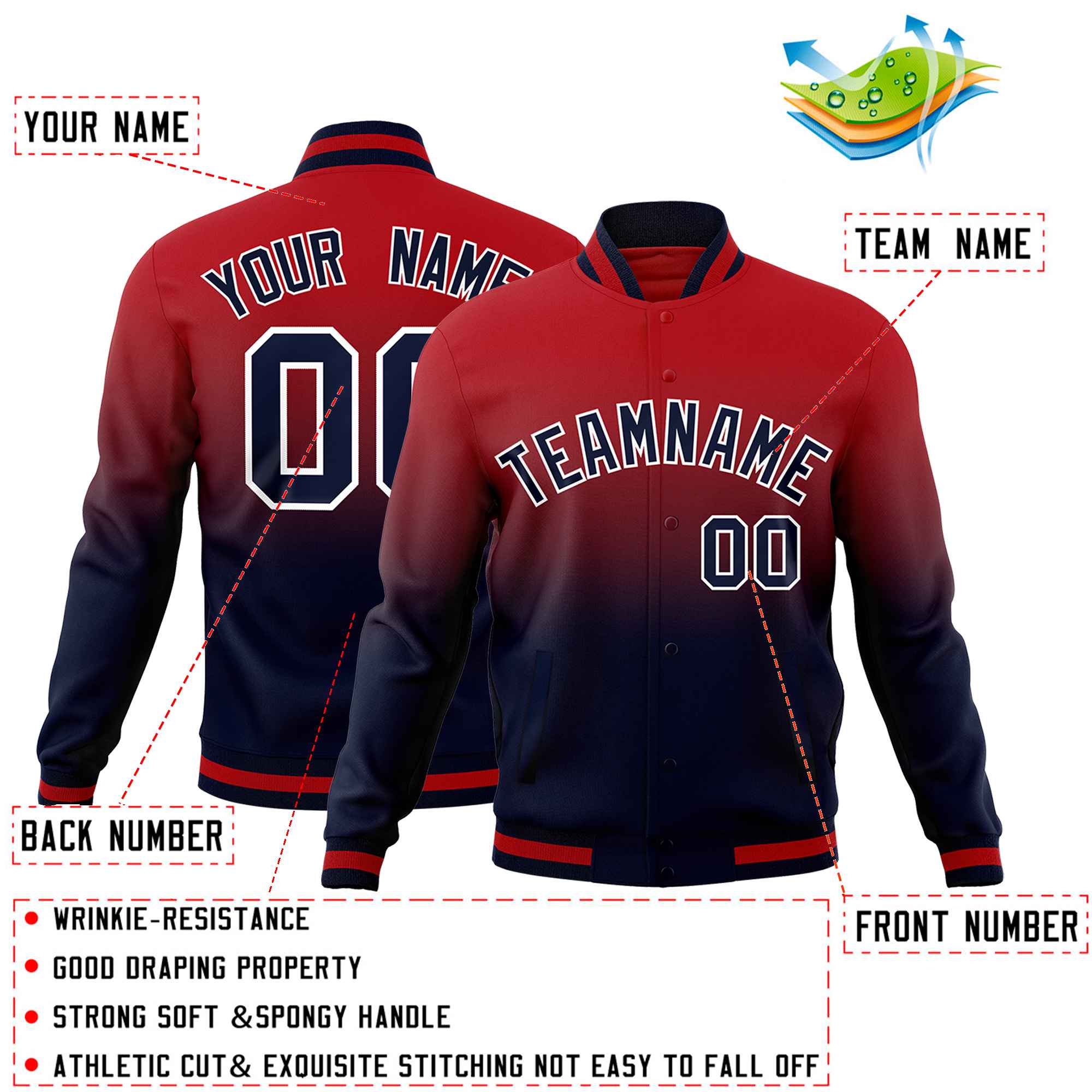 Custom Navy Red Full-Snap Varsity Personalization Gradient Fashion Letterman Jacket