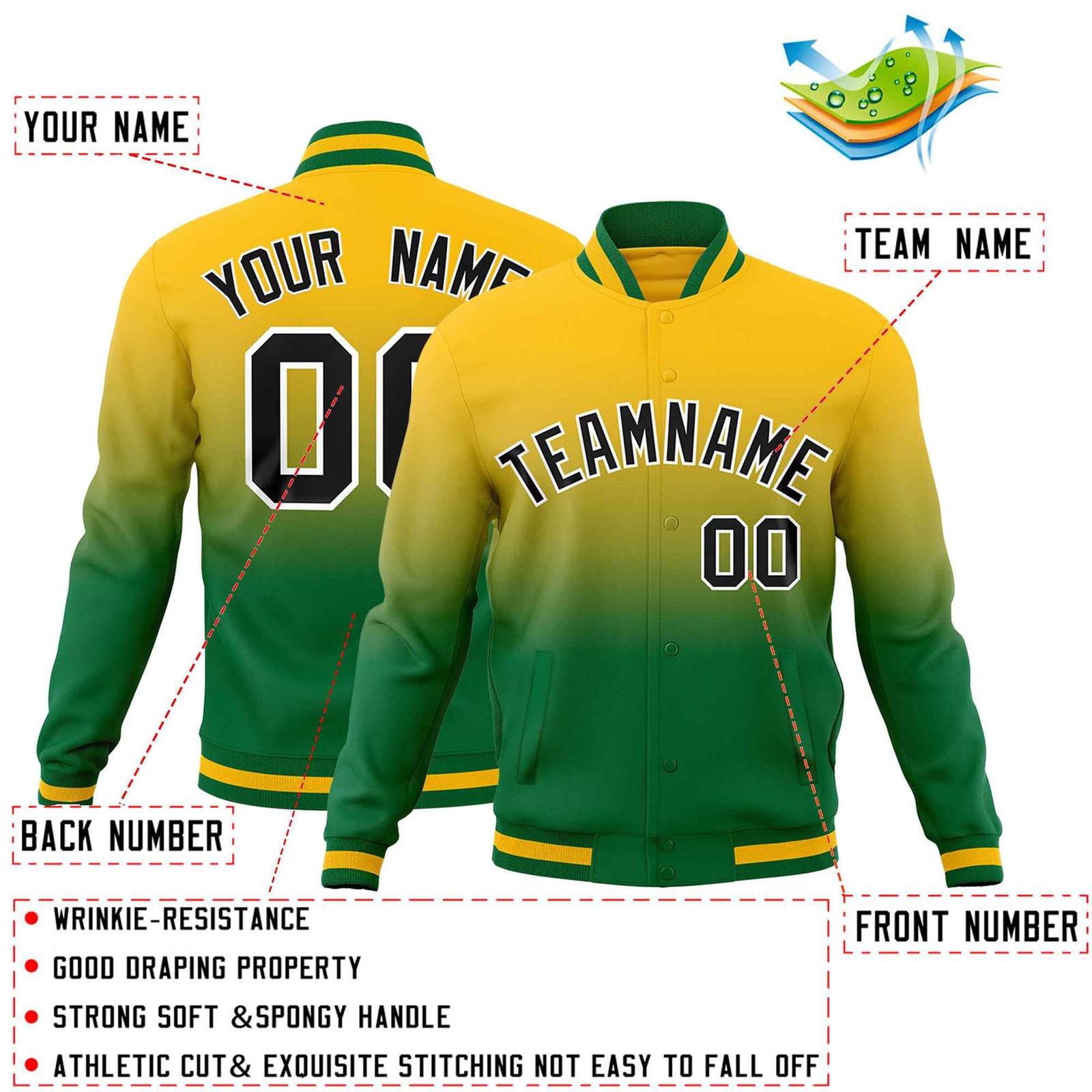 Custom Yellow Kelly Green Full-Snap Varsity Personalization Gradient Fashion Letterman Jacket