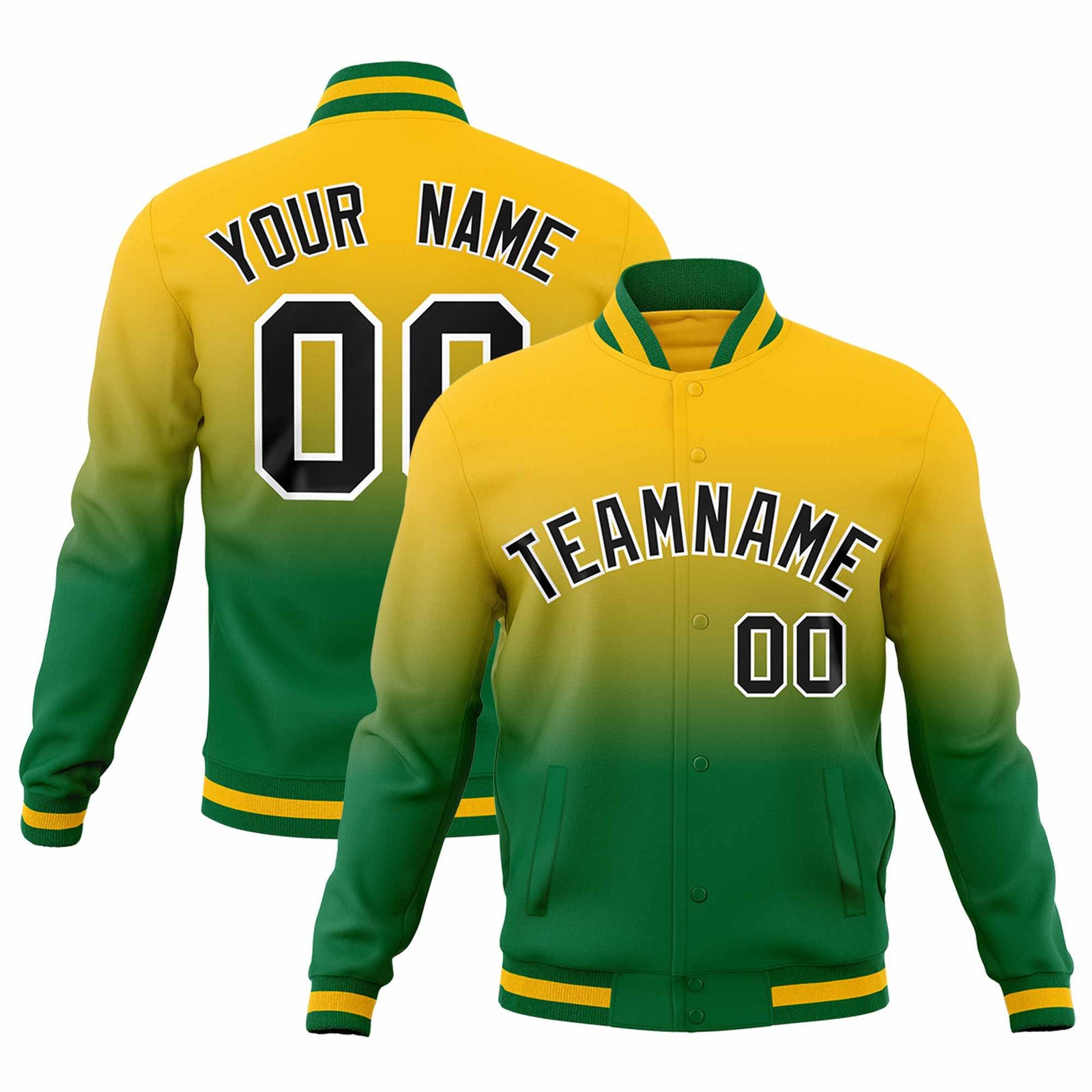 Custom Yellow Kelly Green Full-Snap Varsity Personalization Gradient Fashion Letterman Jacket