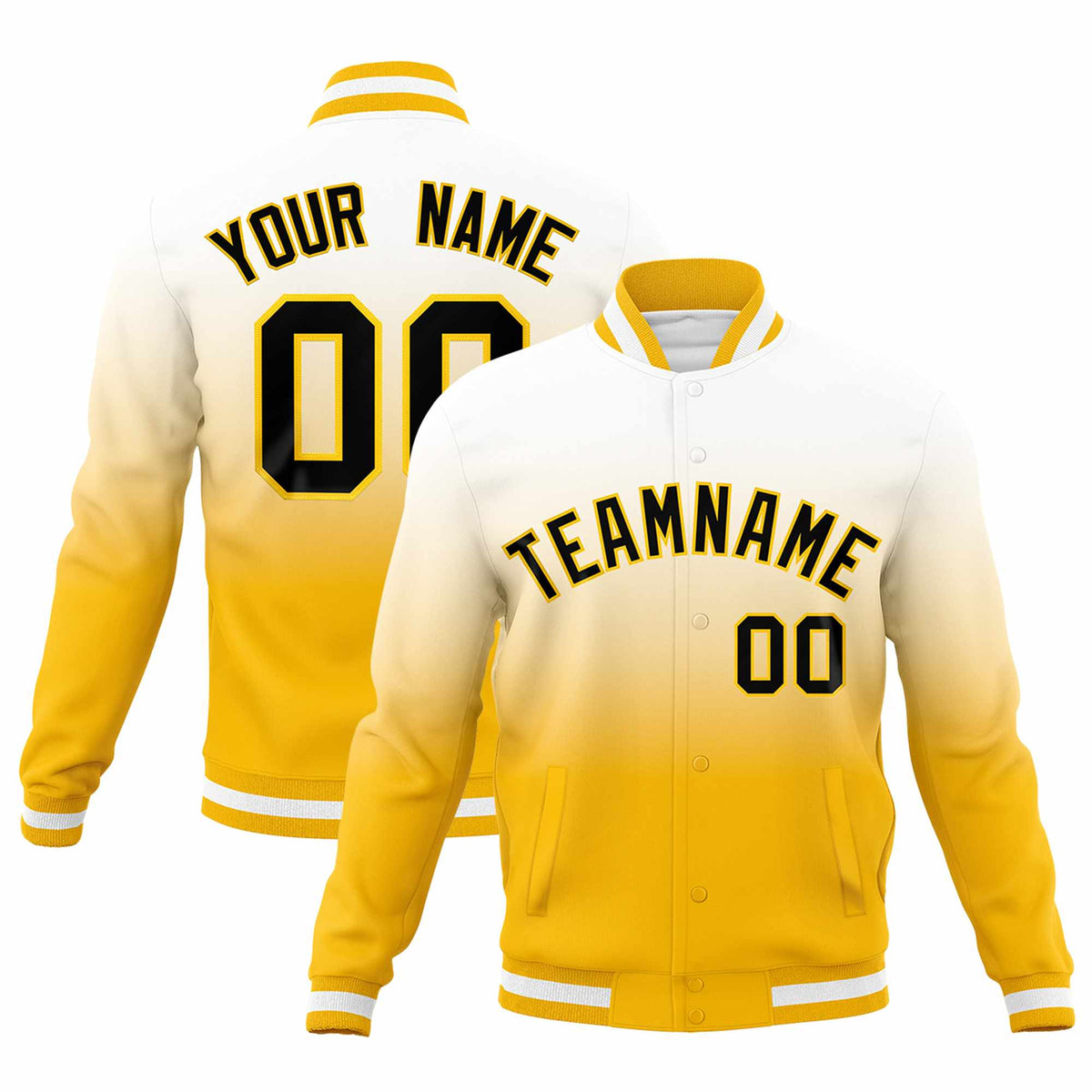 Custom Yellow White Full-Snap Varsity Personalization Gradient Fashion Letterman Jacket