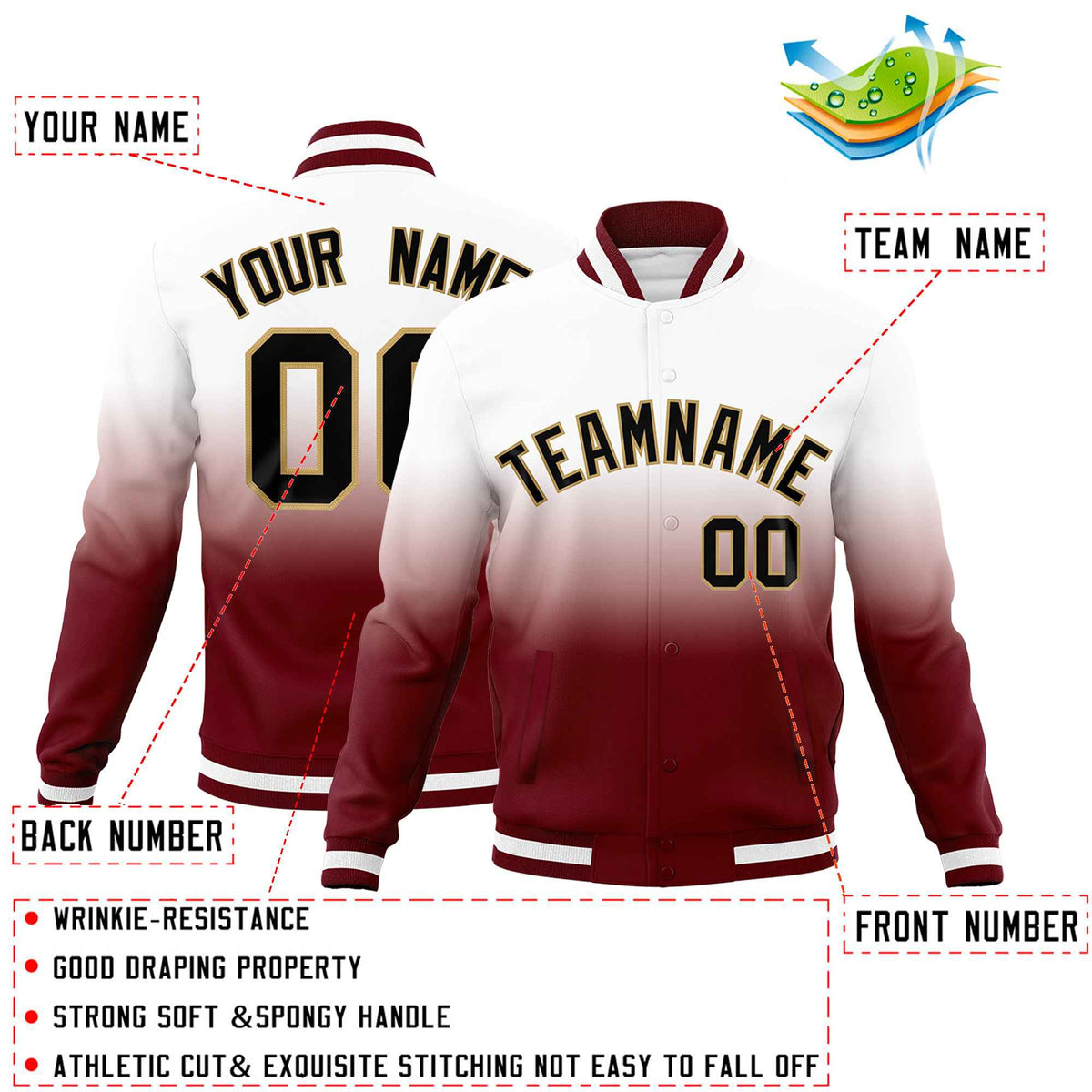 Custom White Crimson Full-Snap Varsity Personalization Gradient Fashion Letterman Jacket