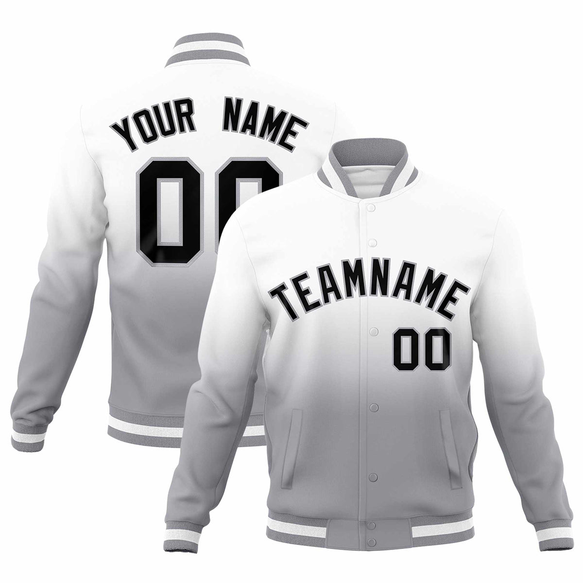 Custom White Gray Full-Snap Varsity Personalization Gradient Fashion Letterman Jacket
