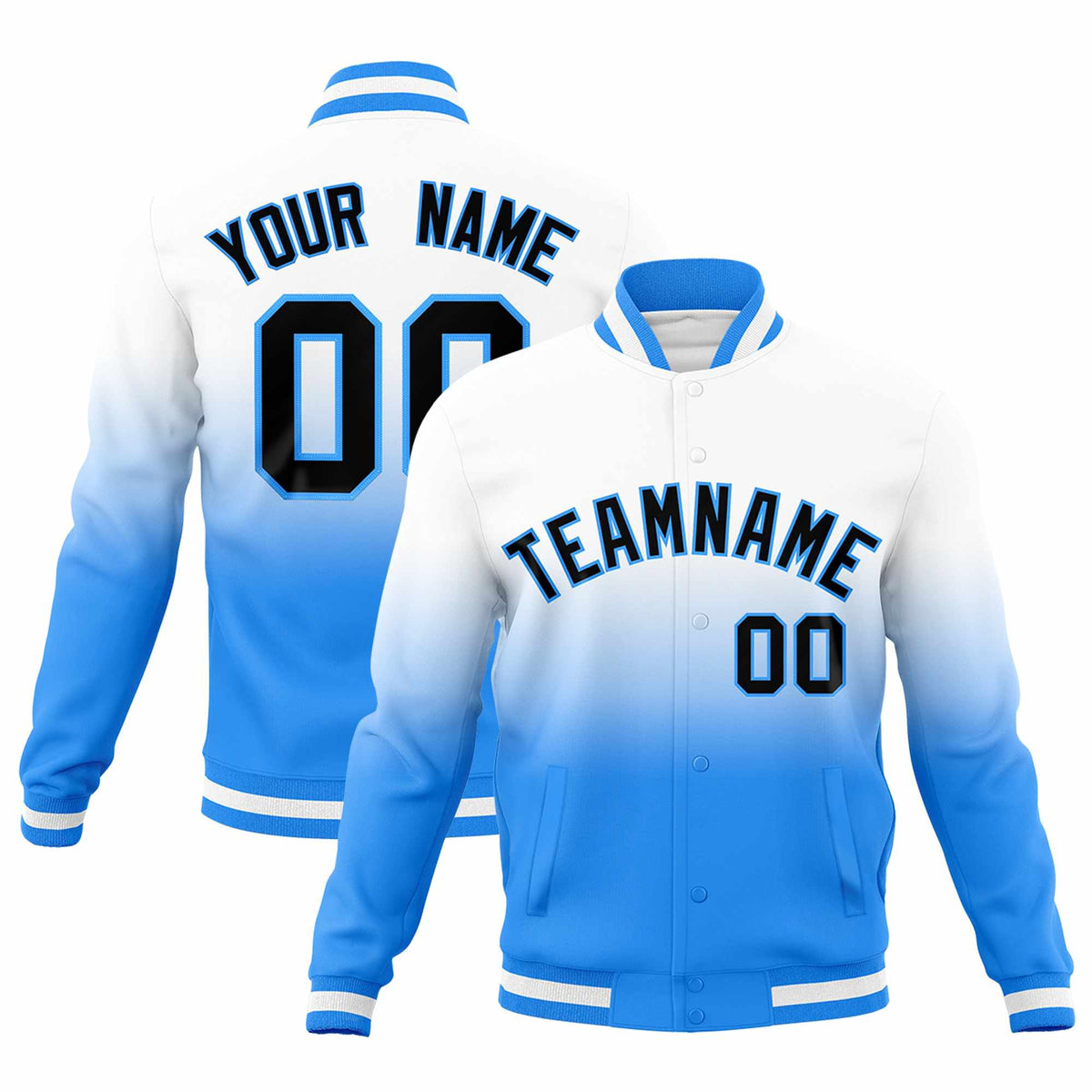 Custom White Powder Blue Full-Snap Varsity Personalization Gradient Fashion Letterman Jacket