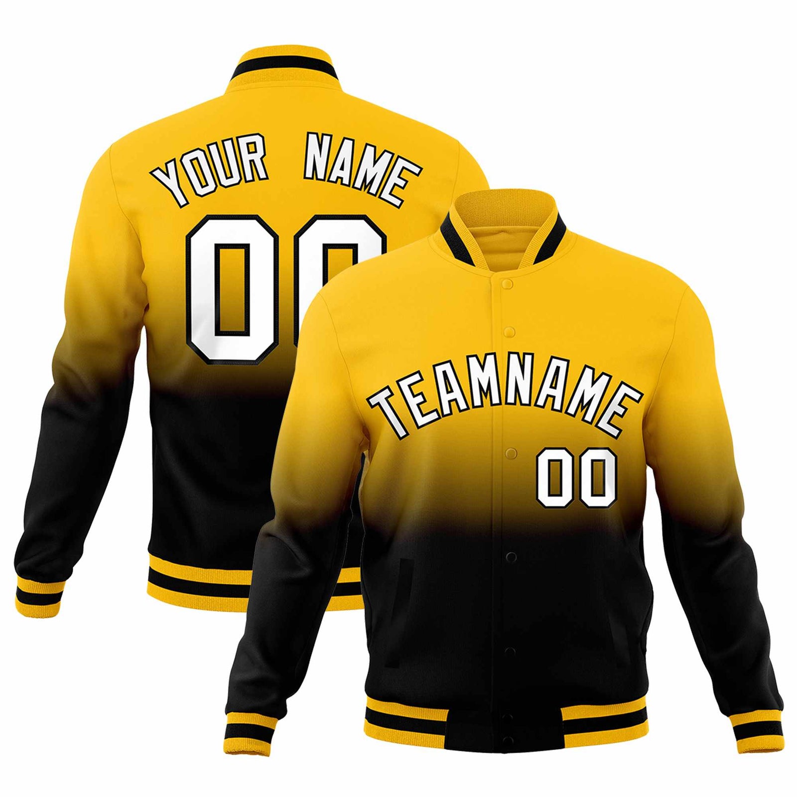 Custom Black Yellow Full-Snap Varsity Personalization Gradient Fashion Letterman Jacket