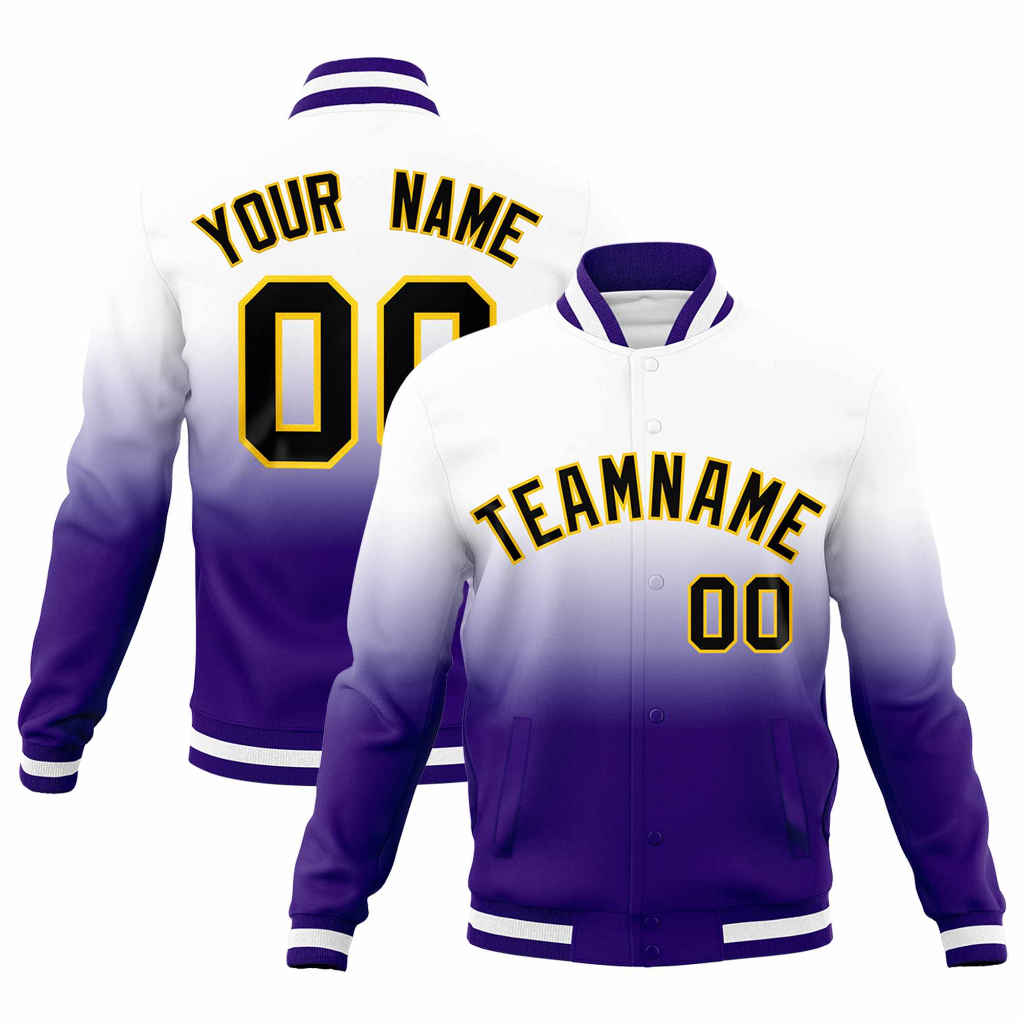 Custom White Purple Full-Snap Varsity Personalization Gradient Fashion Letterman Jacket