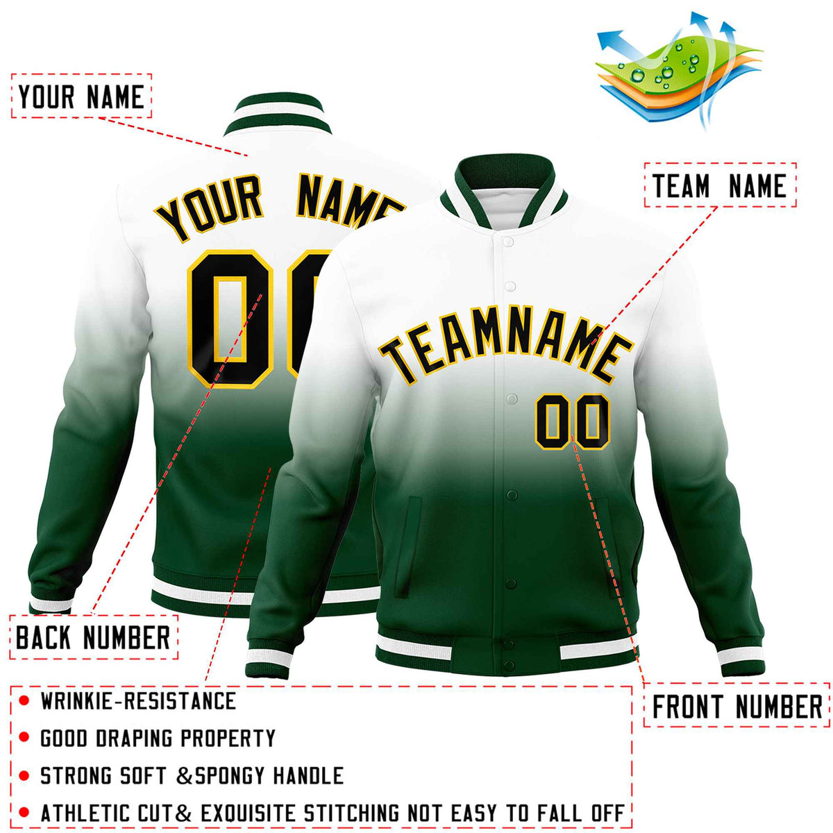 Custom White Gold Full-Snap Varsity Personalization Gradient Fashion Letterman Jacket