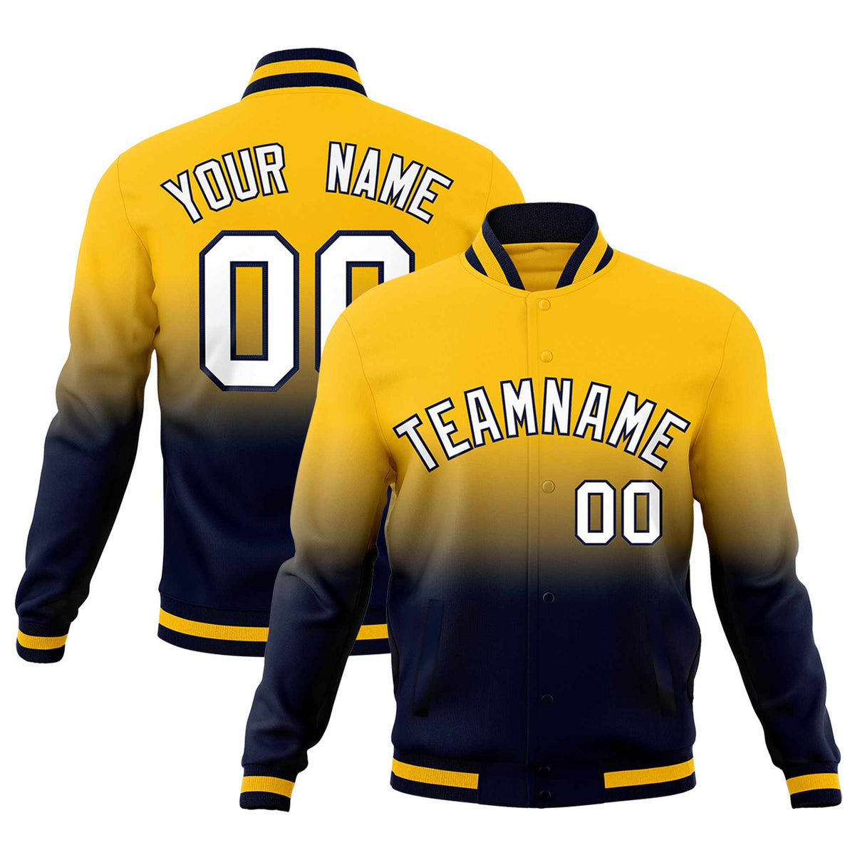Custom Navy Yellow Full-Snap Varsity Personalization Gradient Fashion Letterman Jacket