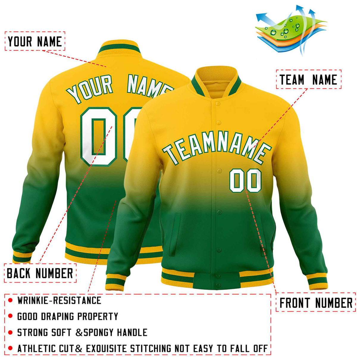 Custom Yellow Kelly Green Full-Snap Varsity Personalization Gradient Fashion Letterman Jacket