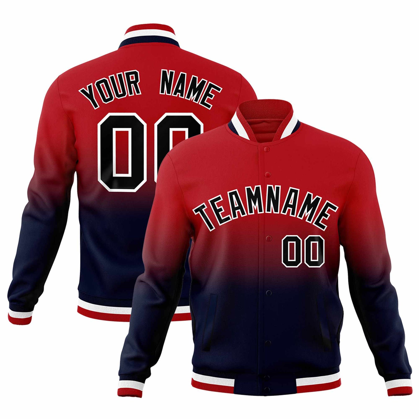 Custom Red Navy Full-Snap Varsity Personalization Gradient Fashion Letterman Jacket