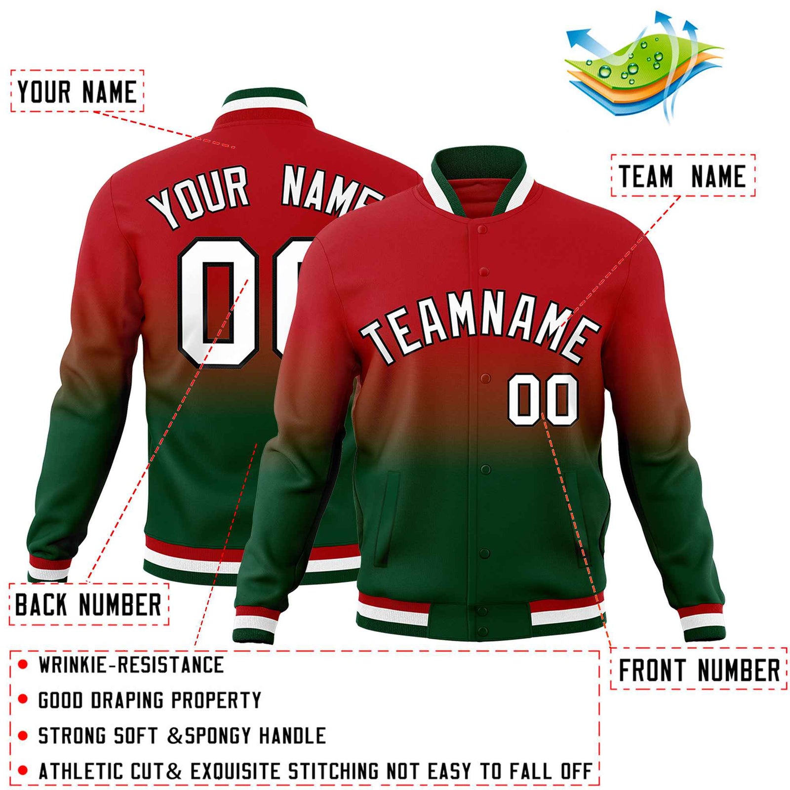 Custom Red Green Full-Snap Varsity Personalization Gradient Fashion Letterman Jacket