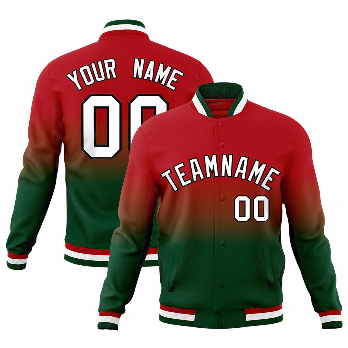 Custom Red Green Full-Snap Varsity Personalization Gradient Fashion Letterman Jacket