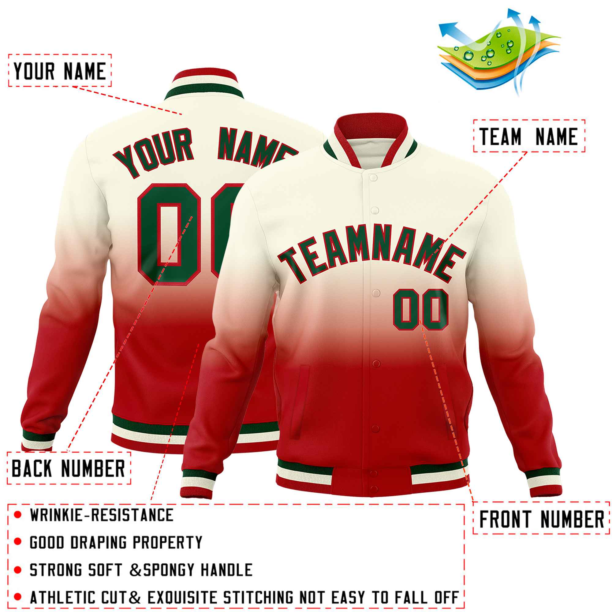 Custom Cream Red Full-Snap Varsity Personalization Gradient Fashion Letterman Jacket