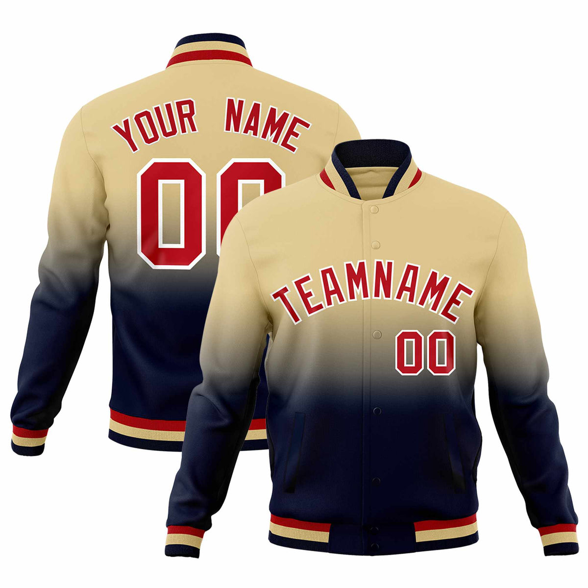Custom Khaki Navy Full-Snap Varsity Personalization Gradient Fashion Letterman Jacket