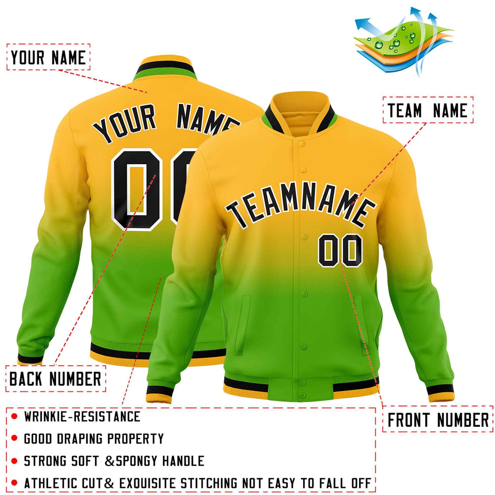Custom Yellow Green Full-Snap Varsity Personalization Gradient Fashion Letterman Jacket