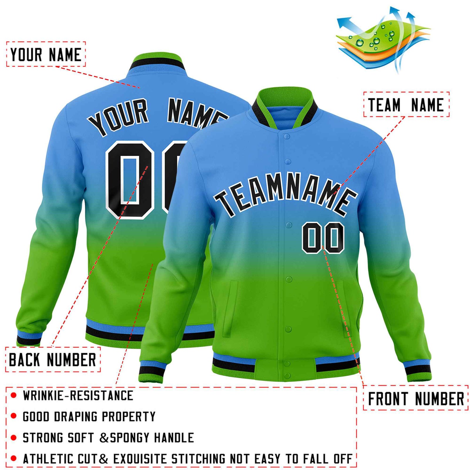 Custom Powder Blue Green Full-Snap Varsity Personalization Gradient Fashion Letterman Jacket