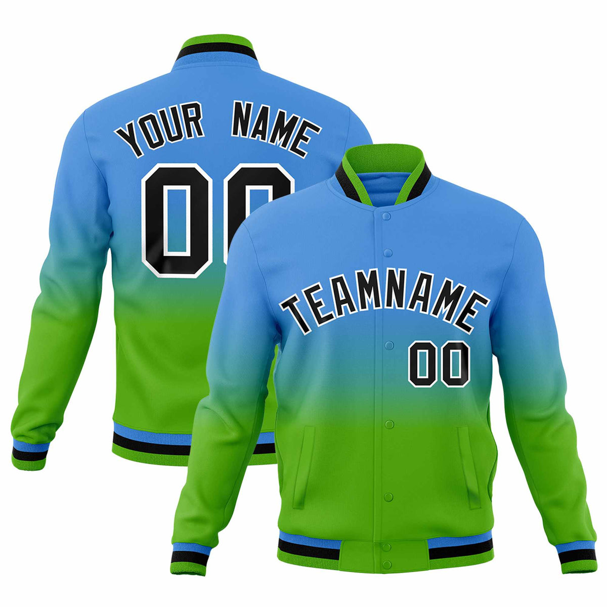 Custom Powder Blue Green Full-Snap Varsity Personalization Gradient Fashion Letterman Jacket