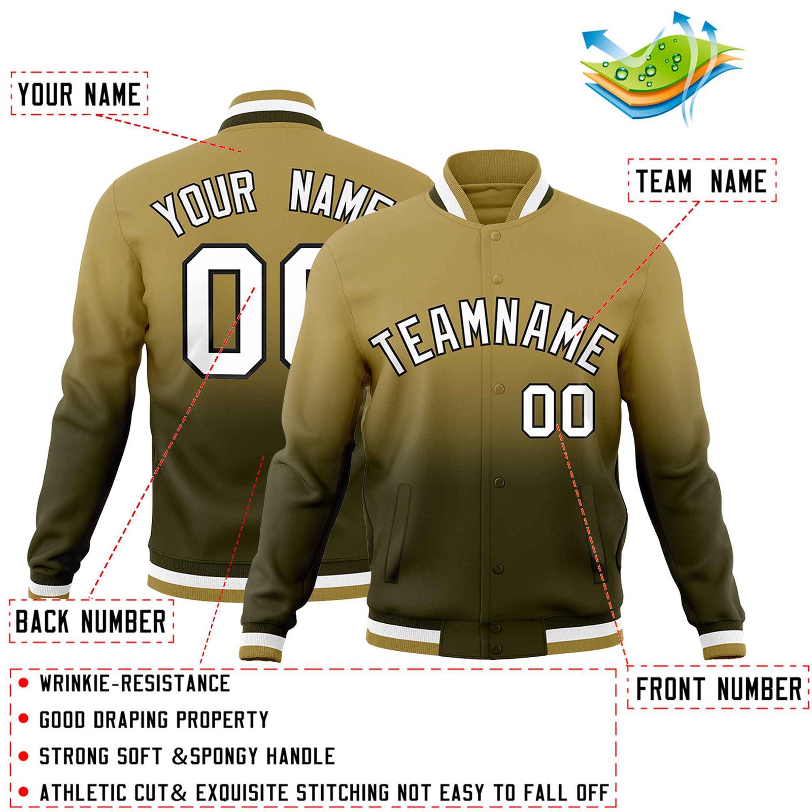 Custom Desert Yellow Olive Full-Snap Varsity Personalization Gradient Fashion Letterman Jacket