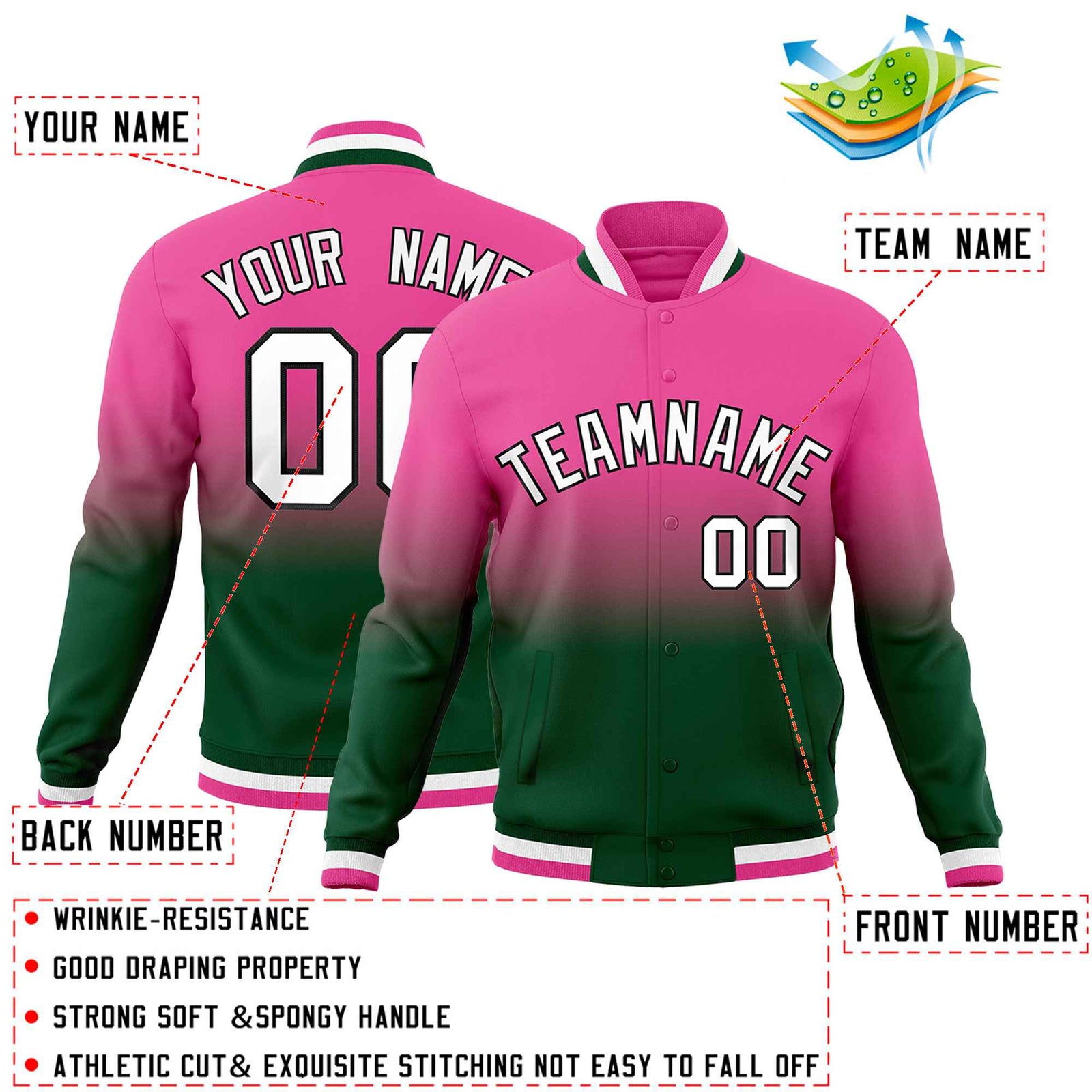 Custom Green Pink Full-Snap Varsity Personalization Gradient Fashion Letterman Jacket