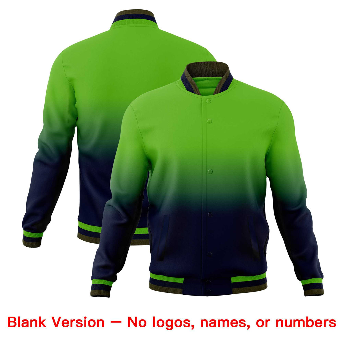 Custom Green Navy Full-Snap Varsity Personalization Gradient Fashion Letterman Jacket