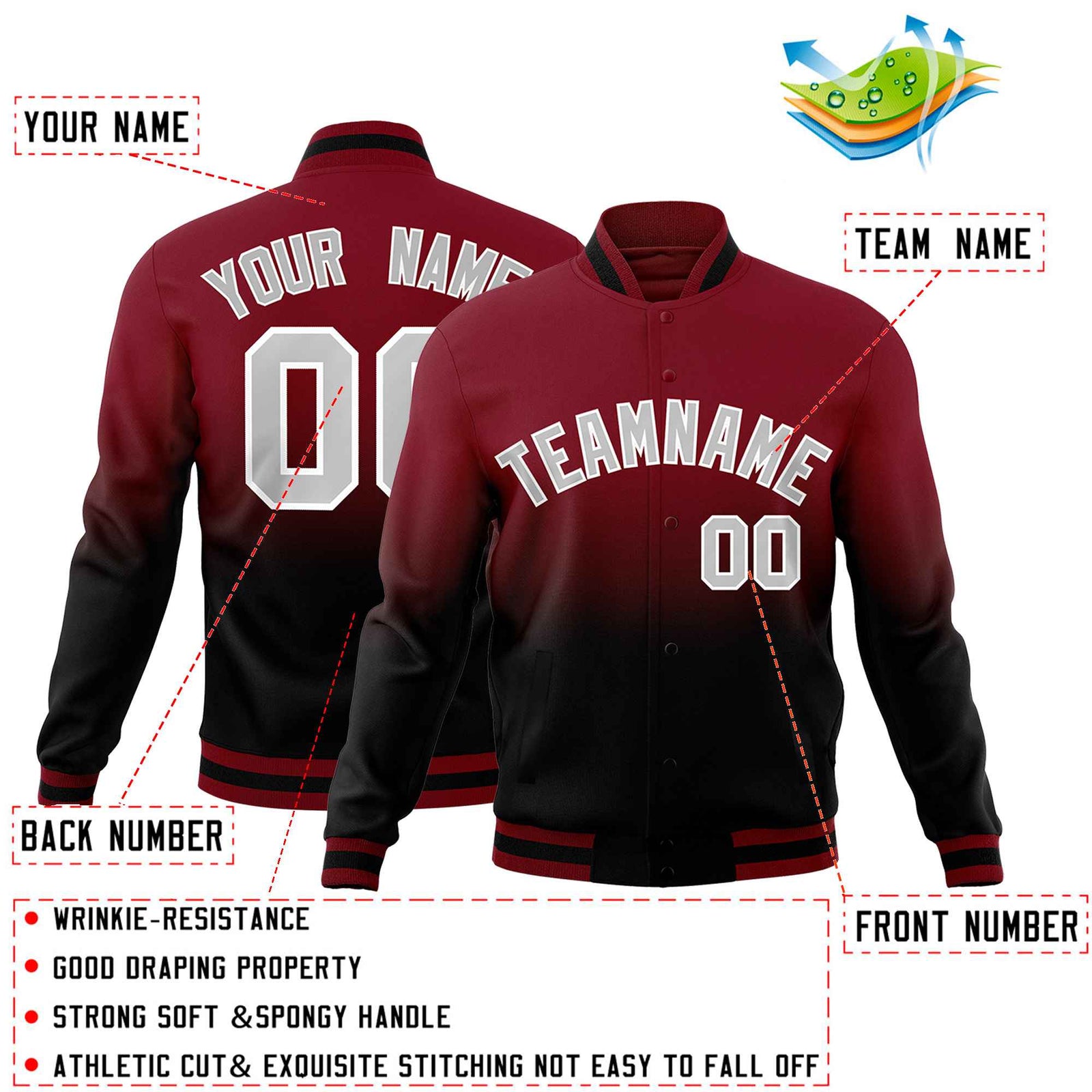 Custom Crimson Black Full-Snap Varsity Personalization Gradient Fashion Letterman Jacket