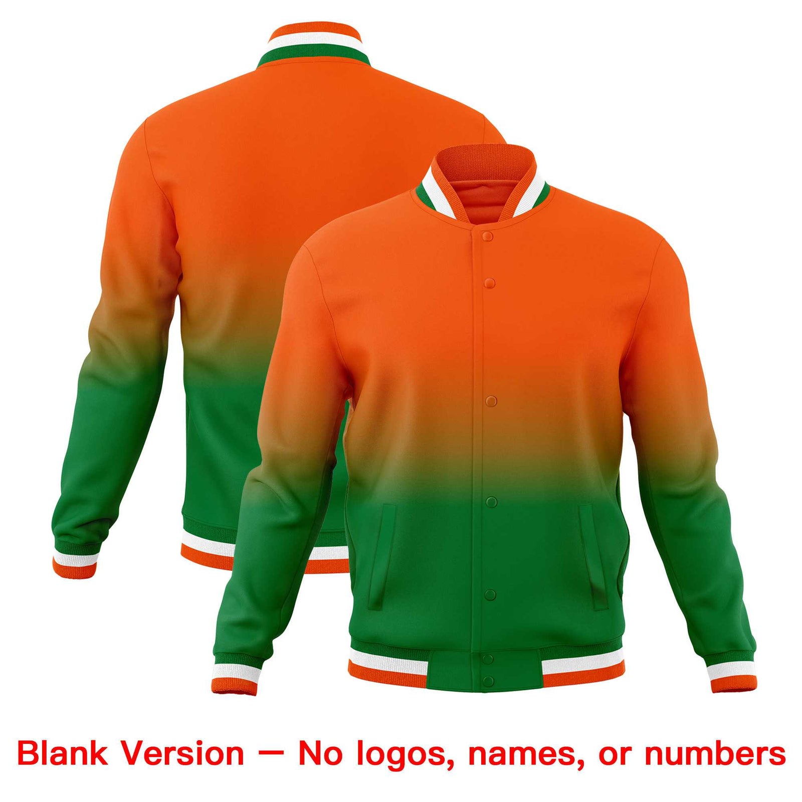 Custom Kelly Green Orange Full-Snap Varsity Personalization Gradient Fashion Letterman Jacket