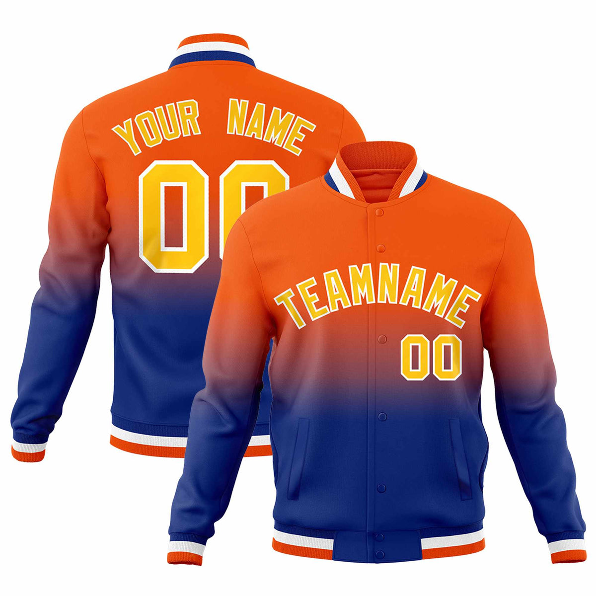Custom Orange Royal Full-Snap Varsity Personalization Gradient Fashion Letterman Jacket