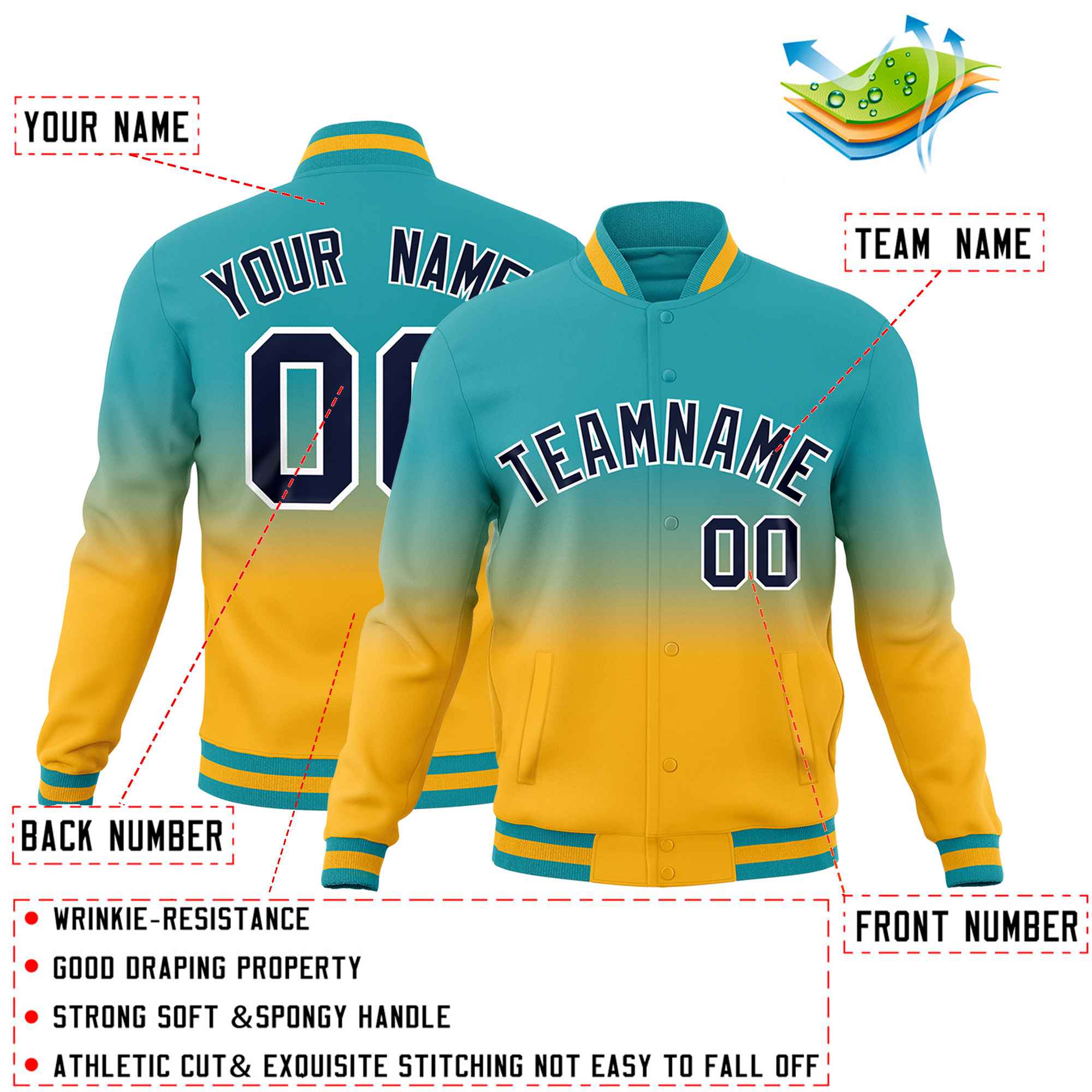 Custom Aqua Gold Full-Snap Varsity Personalization Gradient Fashion Letterman Jacket