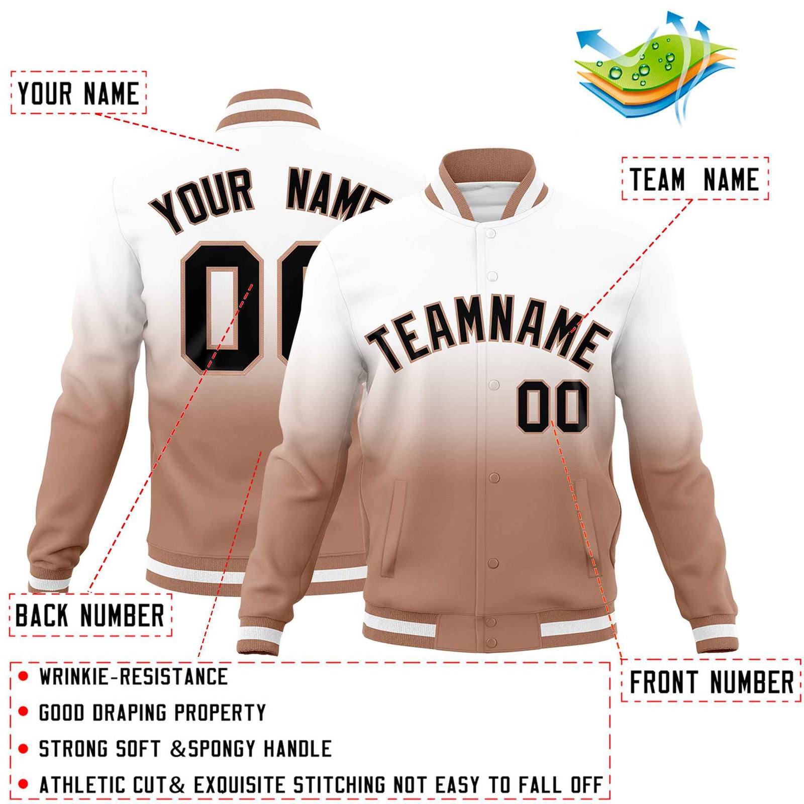 Custom White Light Brown Full-Snap Varsity Personalization Gradient Fashion Letterman Jacket