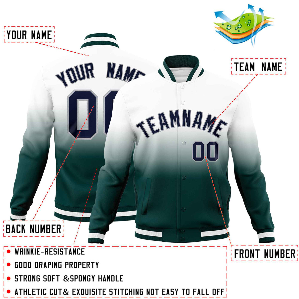 Custom White Midnight Green Full-Snap Varsity Personalization Gradient Fashion Letterman Jacket
