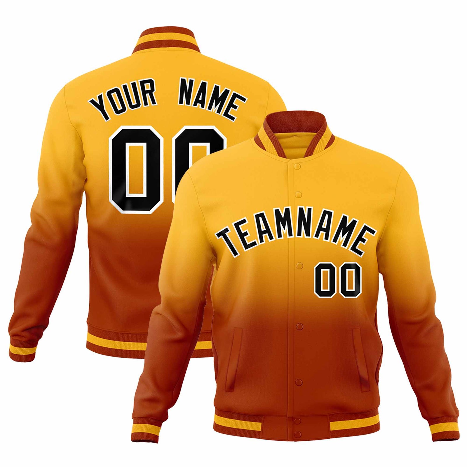 Custom Gold Dark Orange Full-Snap Varsity Personalization Gradient Fashion Letterman Jacket