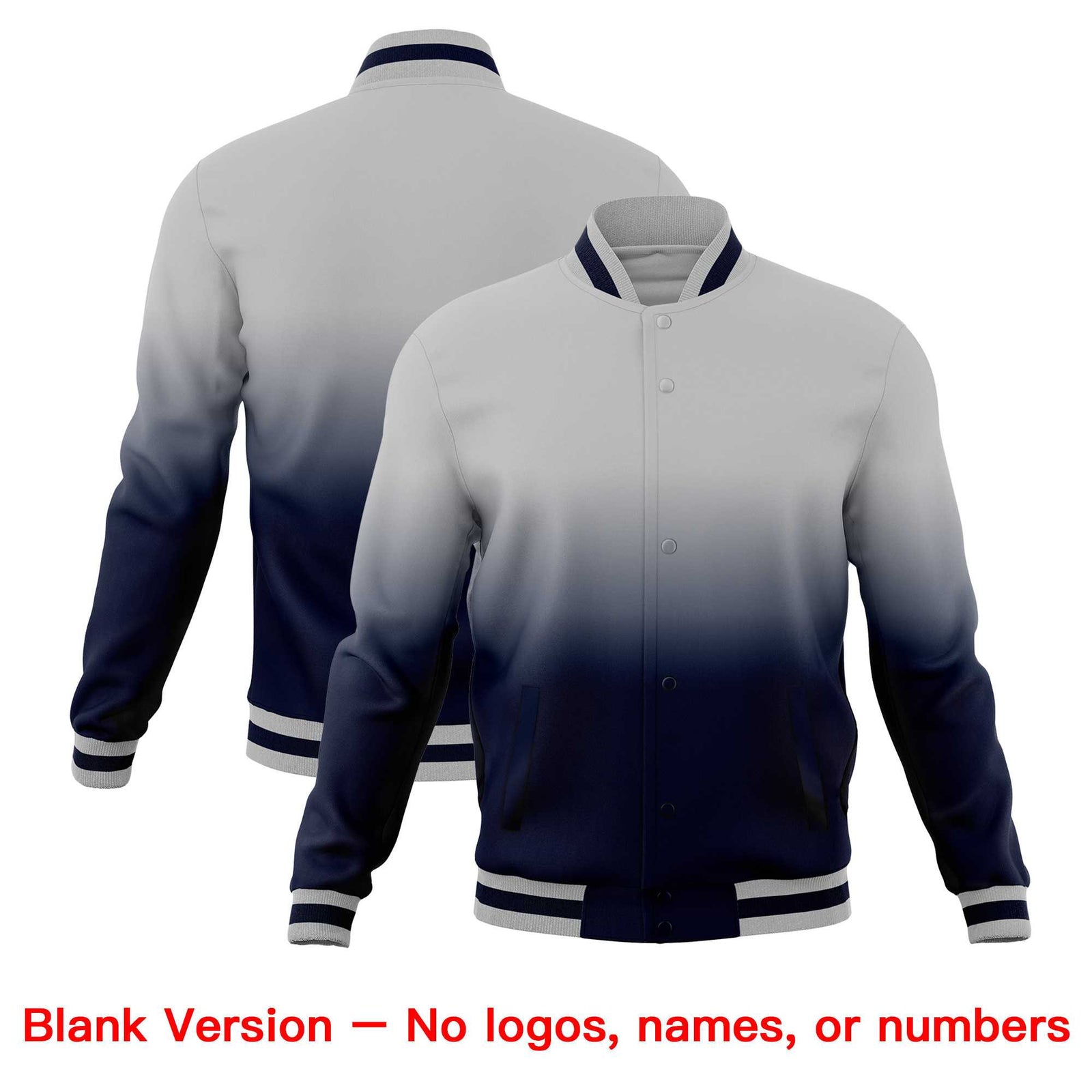Custom Gray Navy Full-Snap Varsity Personalization Gradient Fashion Letterman Jacket