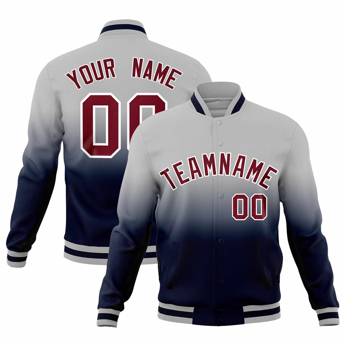Custom Gray Navy Full-Snap Varsity Personalization Gradient Fashion Letterman Jacket