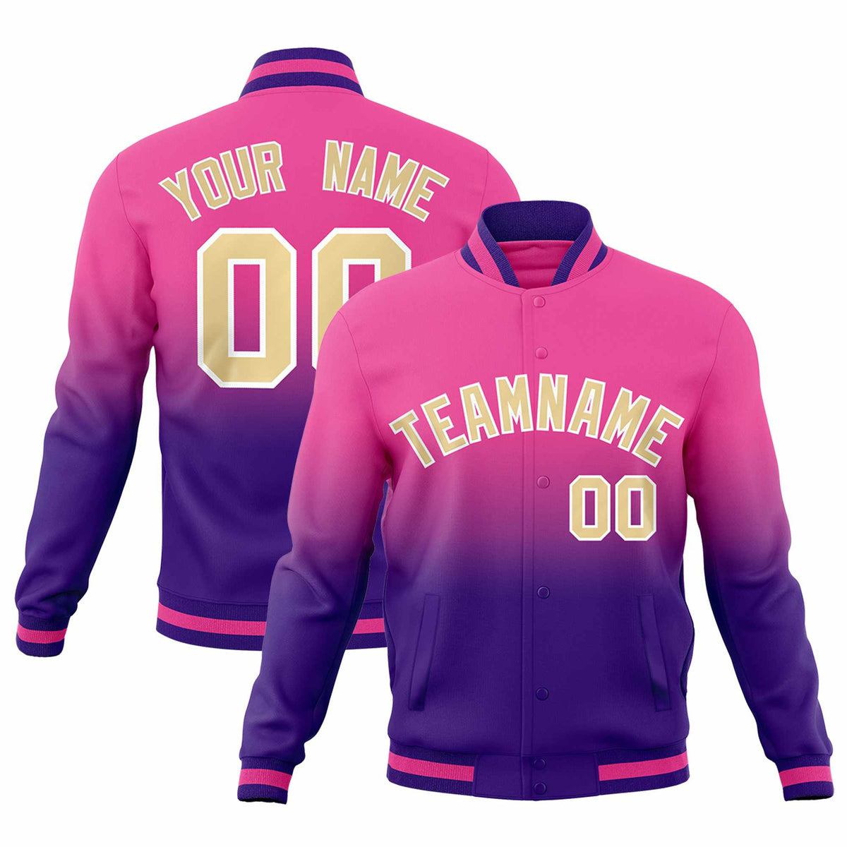Custom Pink Purple Full-Snap Varsity Personalization Gradient Fashion Letterman Jacket