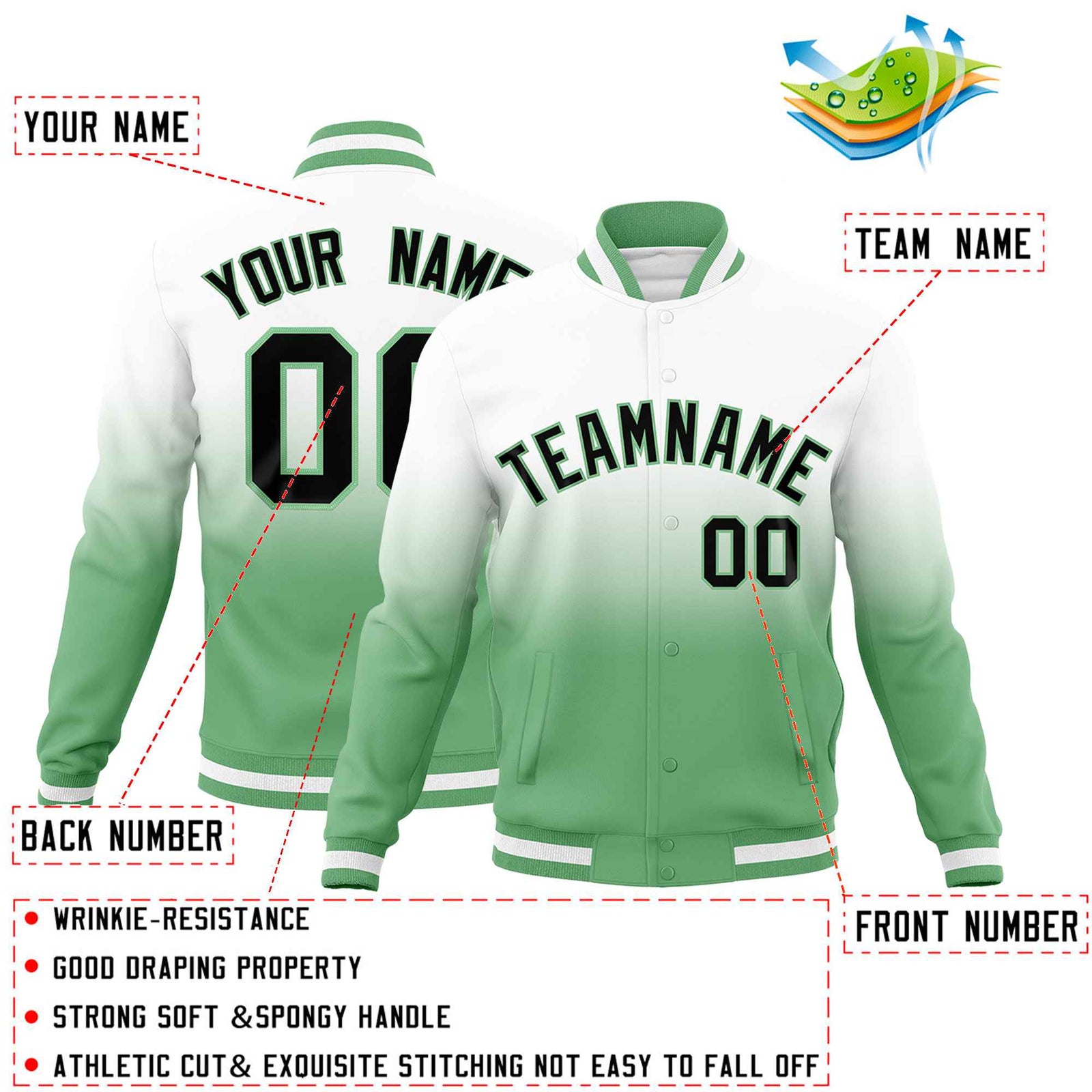 Custom White Green Full-Snap Varsity Personalization Gradient Fashion Letterman Jacket